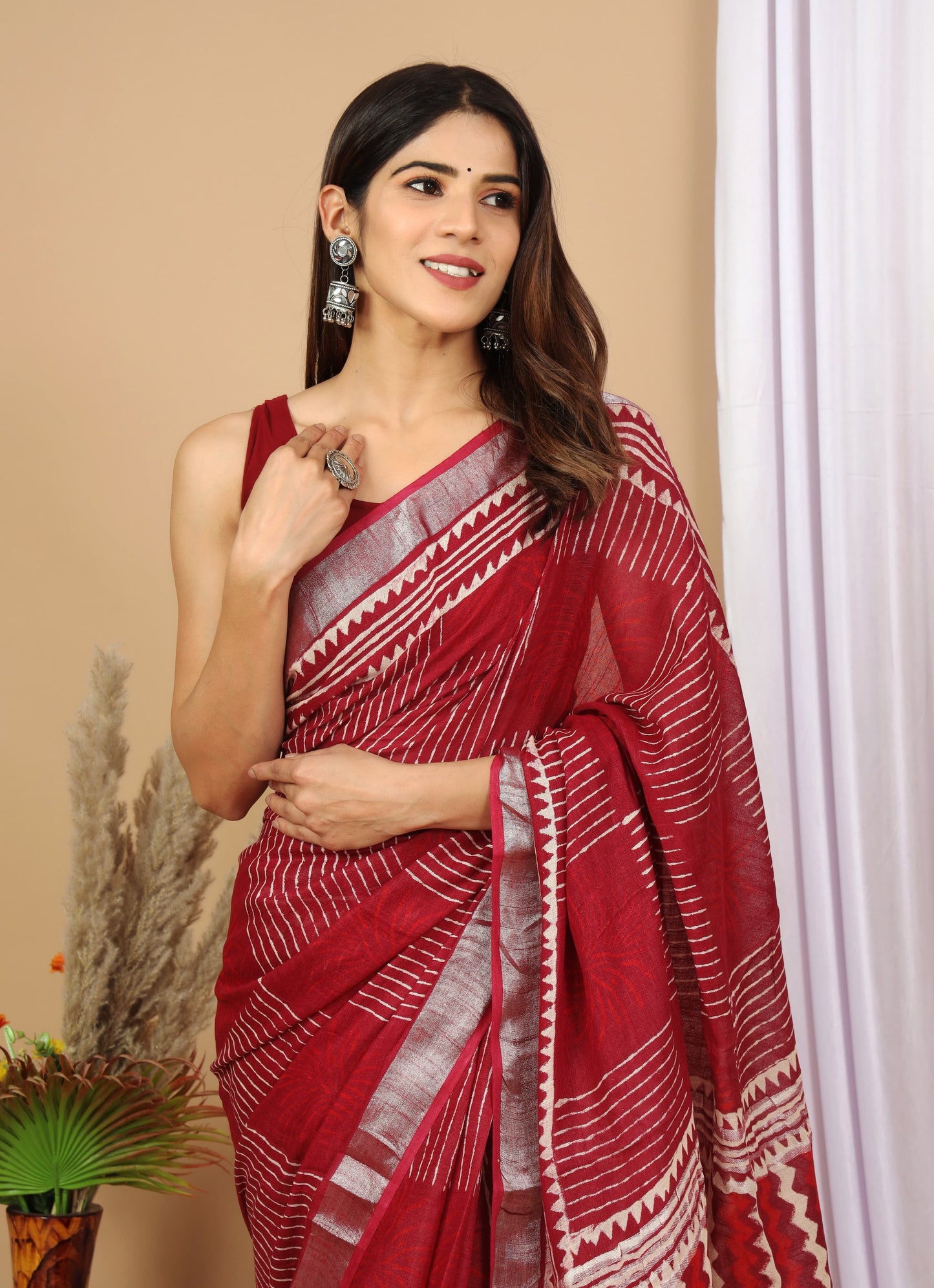 Linen Cotton Hand-Block Printed Saree