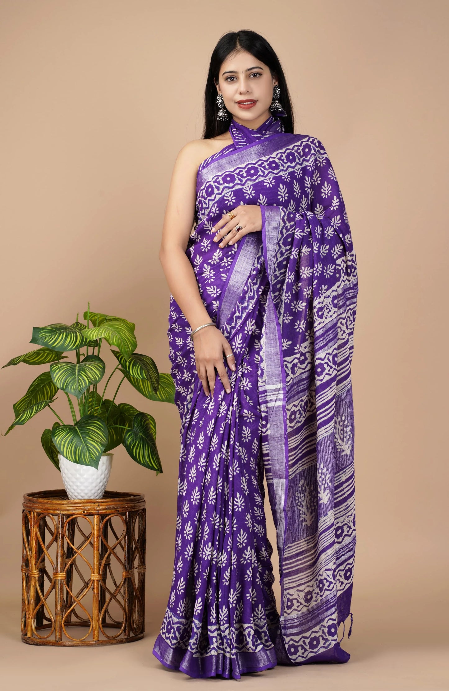 Linen Cotton Hand-Block Printed Saree