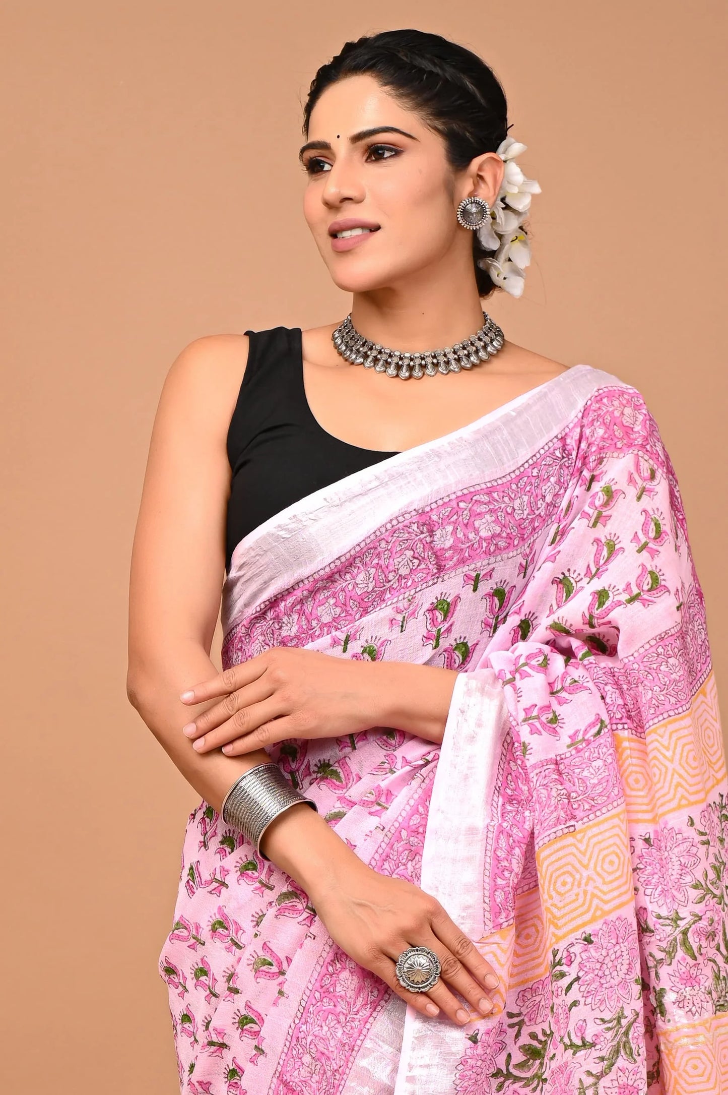 Linen Cotton Hand-Block Printed Saree