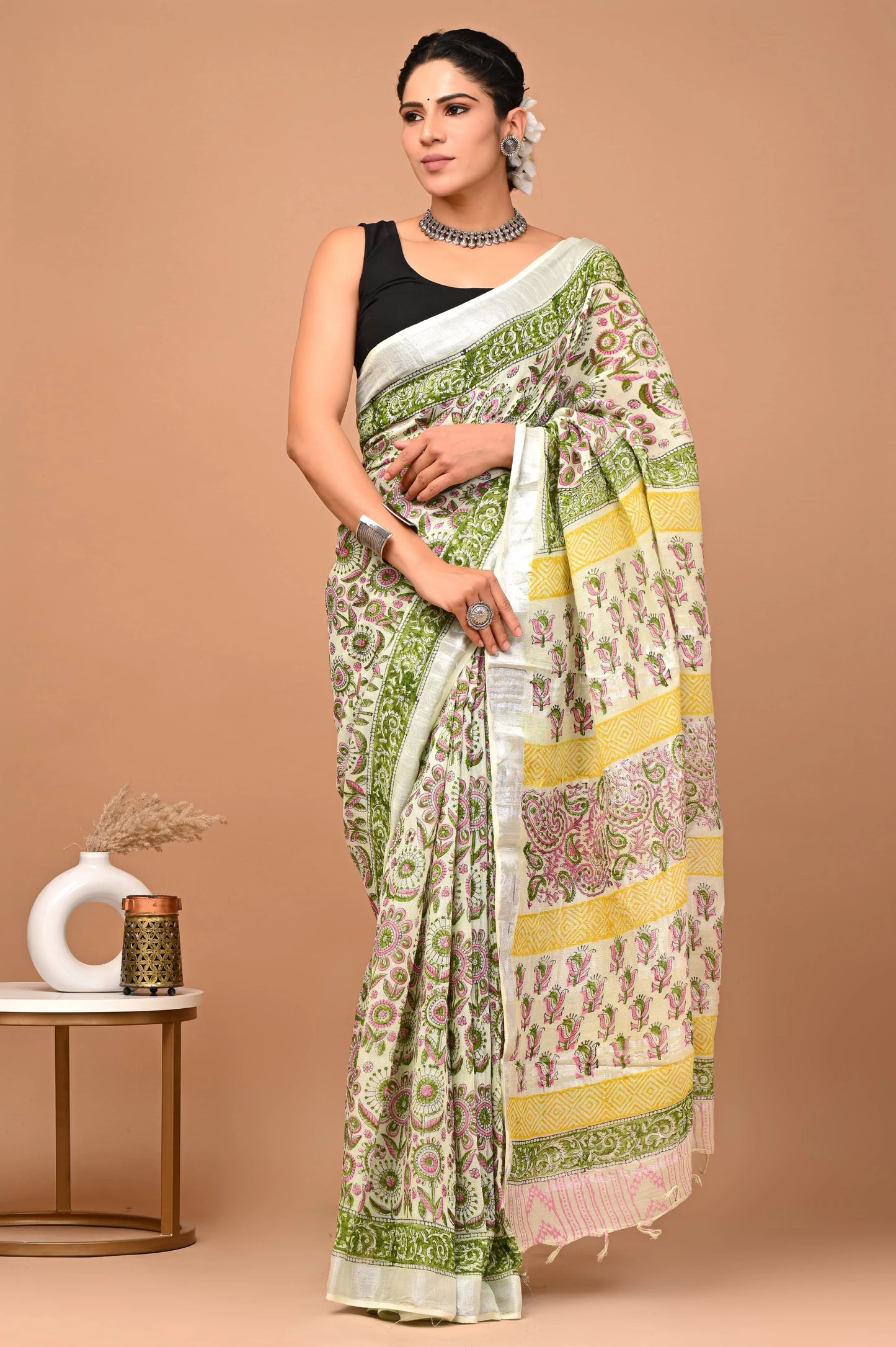 Linen Cotton Hand-Block Printed Saree