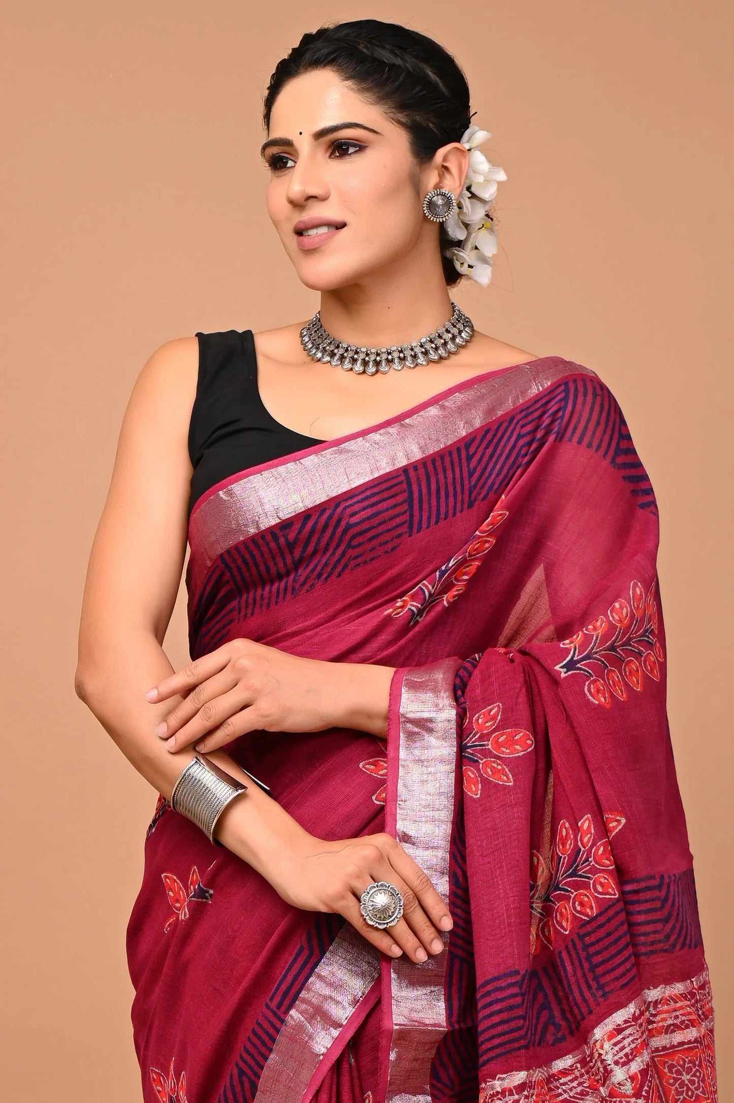 Linen Cotton Hand-Block Printed Saree