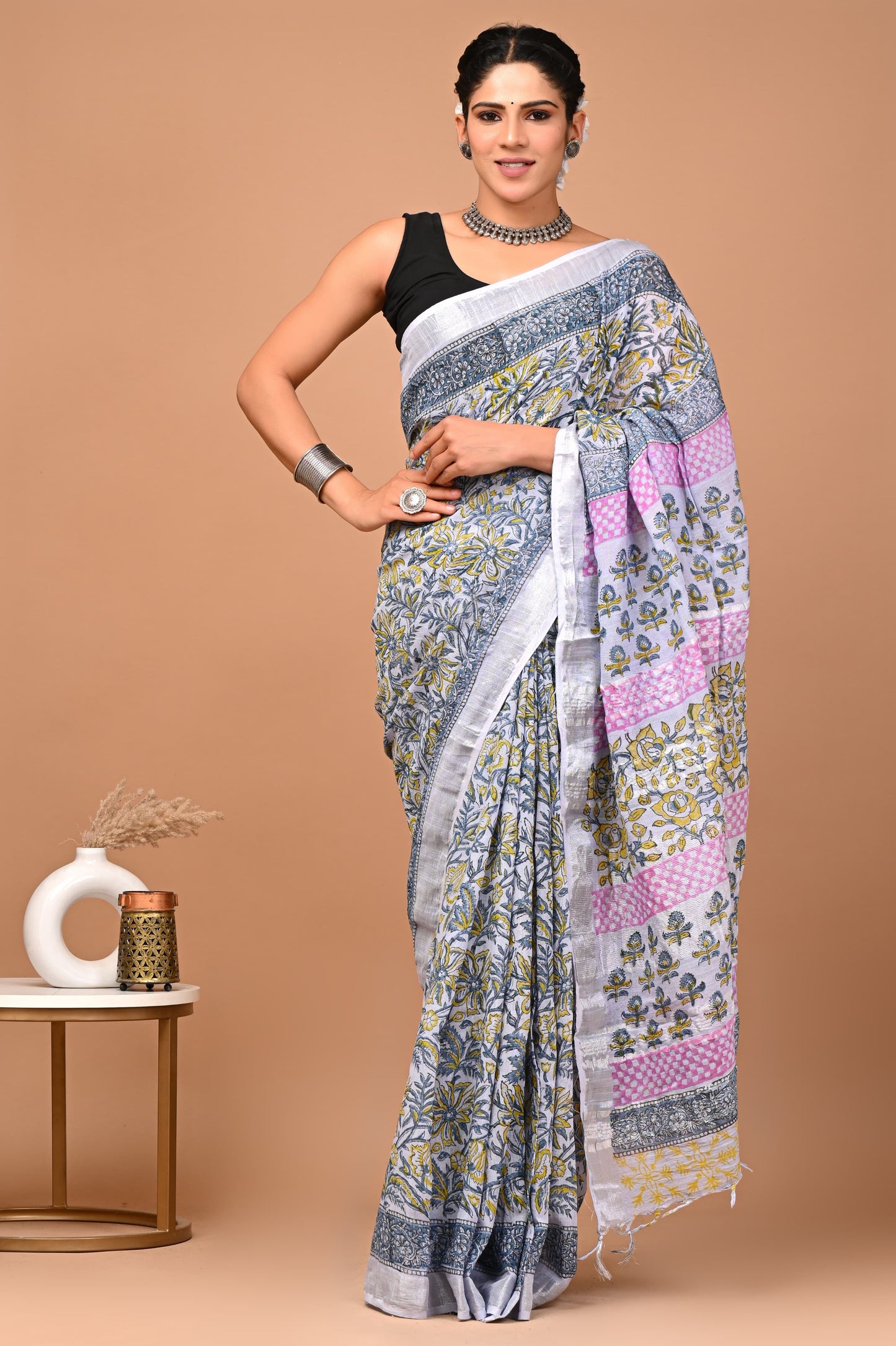 Linen Cotton Hand-Block Printed Saree