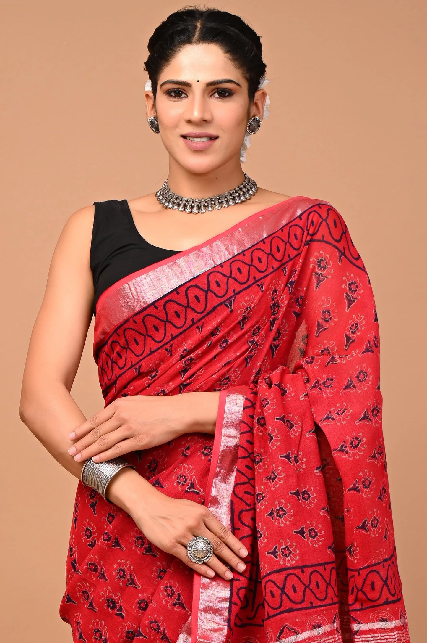 Linen Cotton Hand-Block Printed Saree