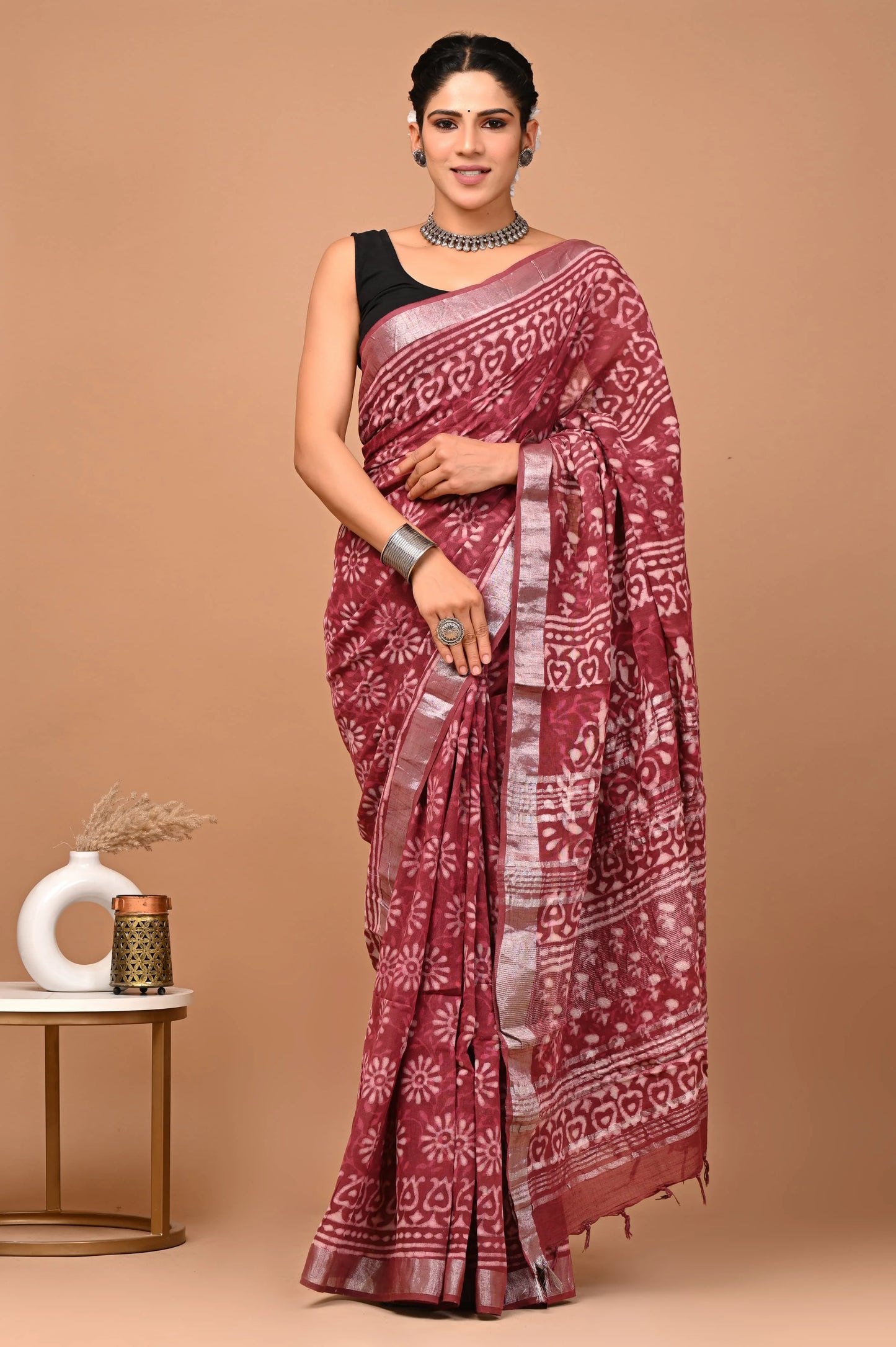 Linen Cotton Hand-Block Printed Saree