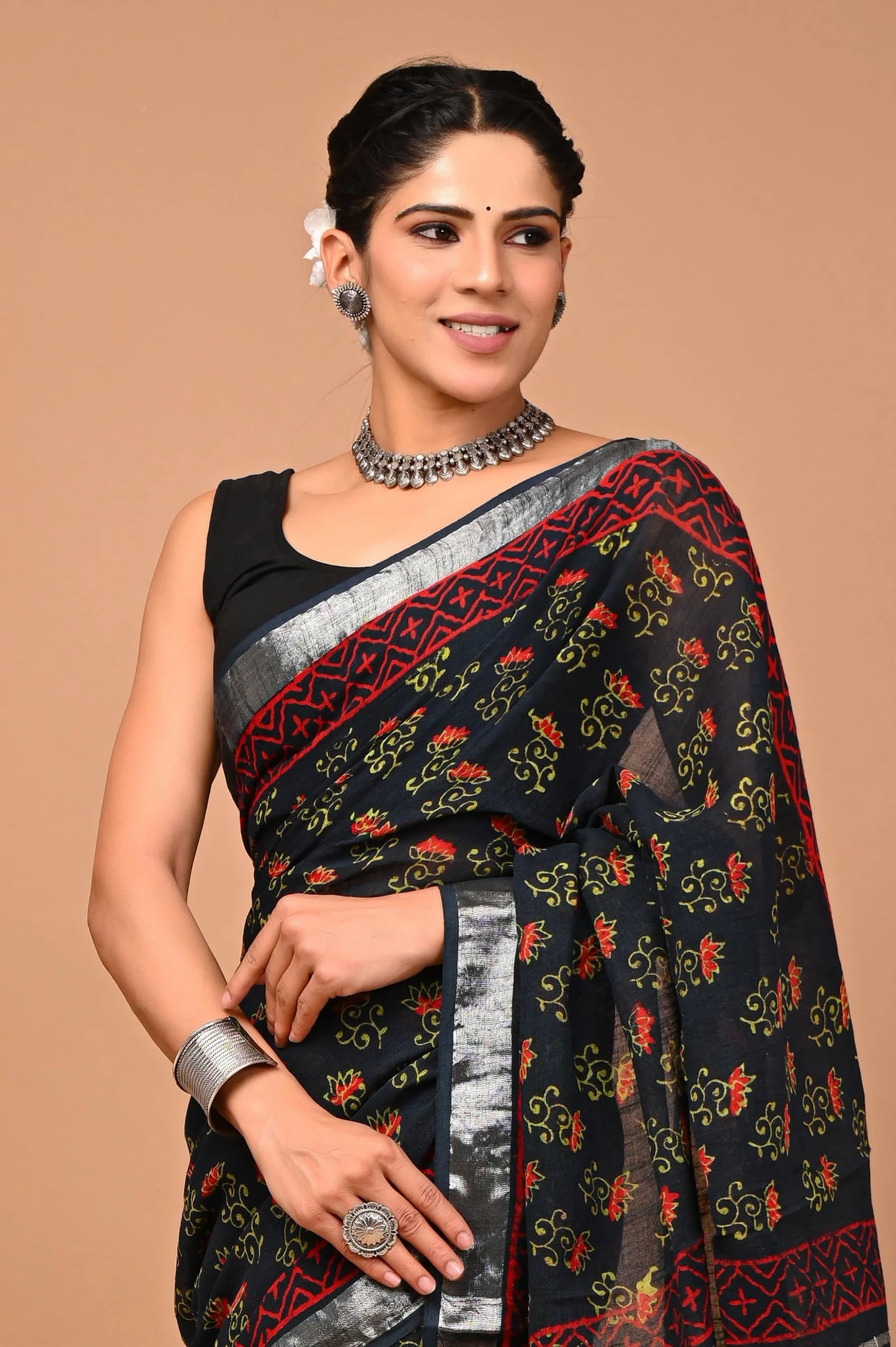 Linen Cotton Hand-Block Printed Saree