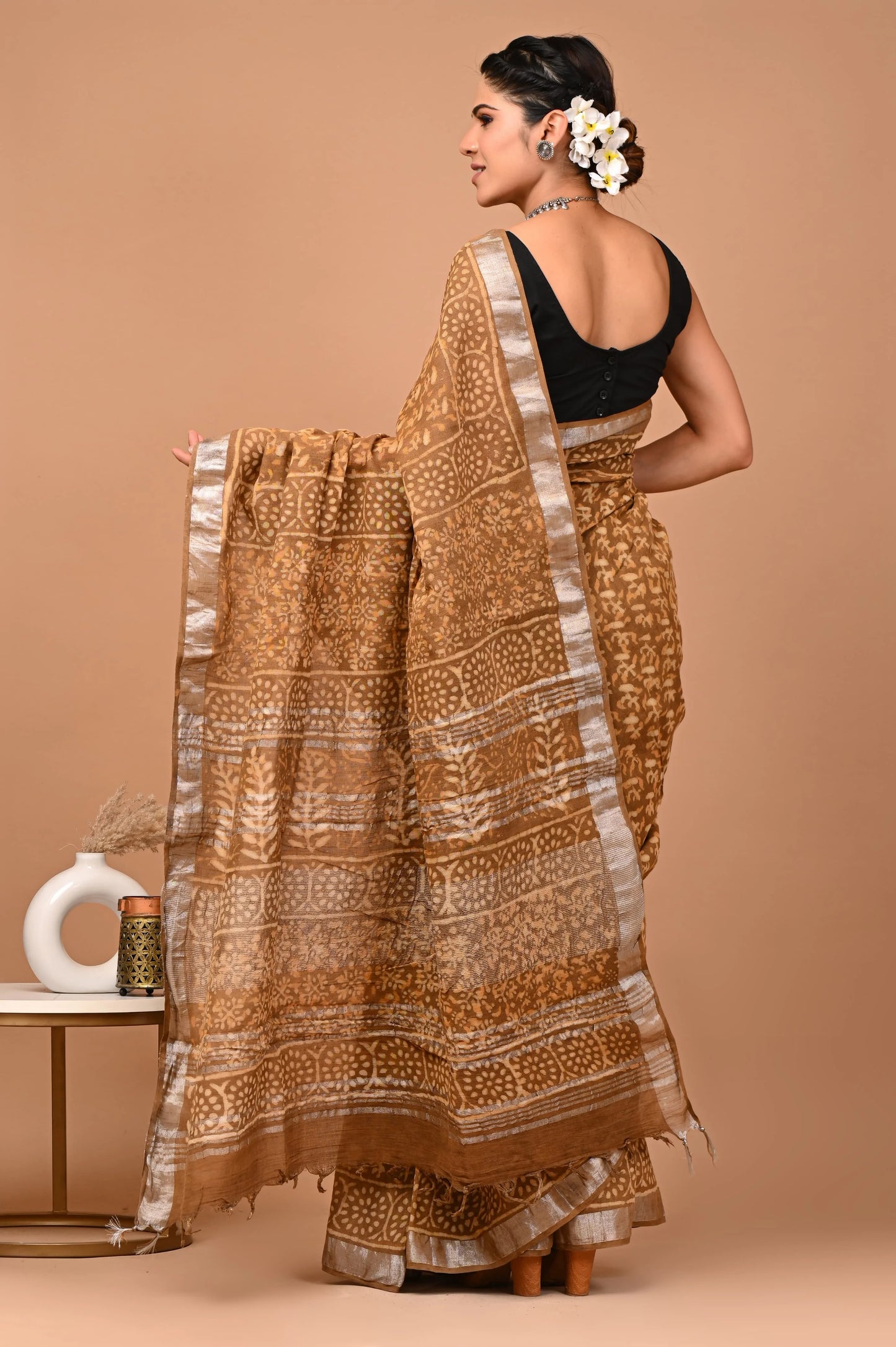 Linen Cotton Hand-Block Printed Saree