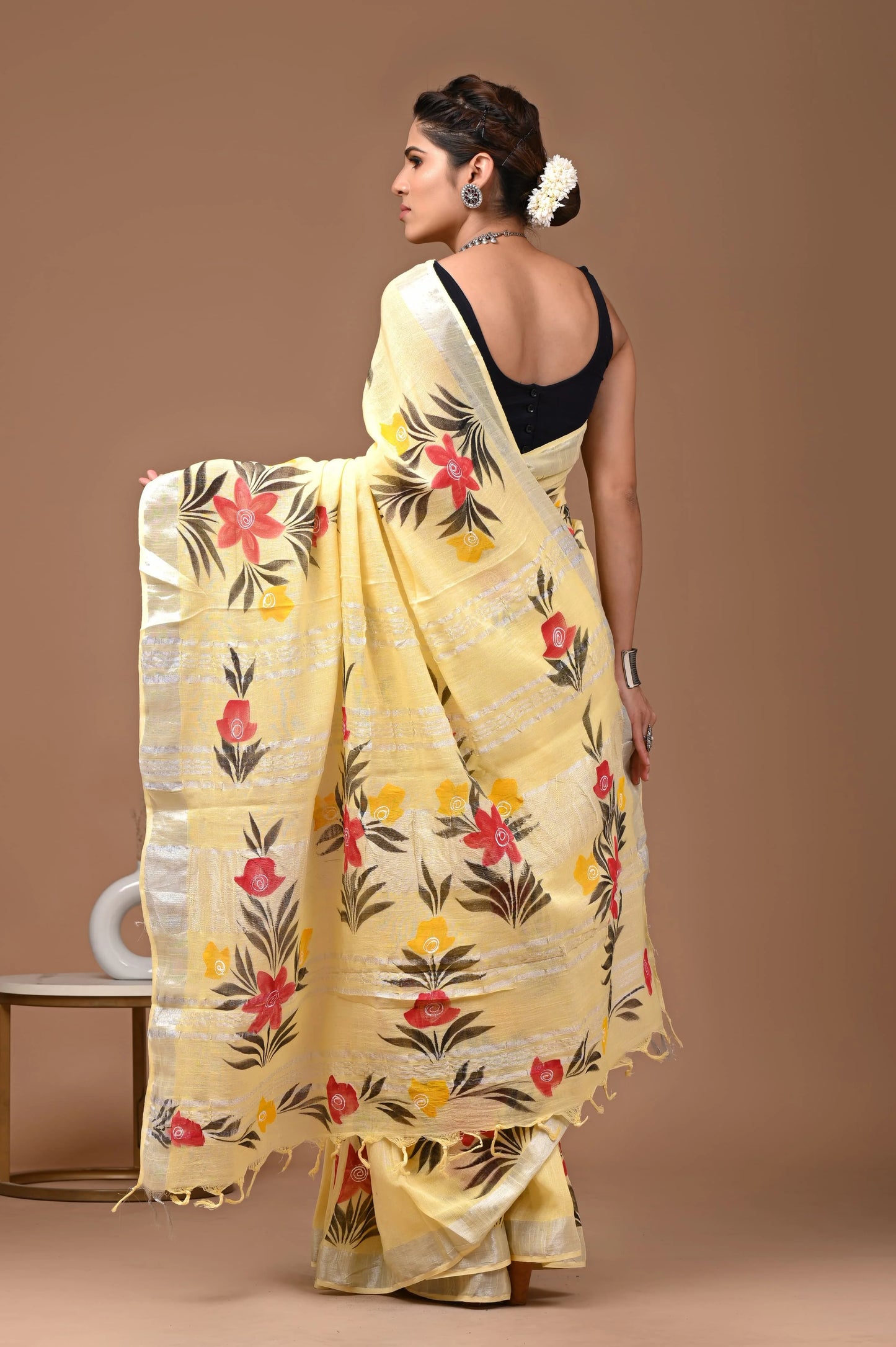 Linen Bagru Hand-Block Printed Saree