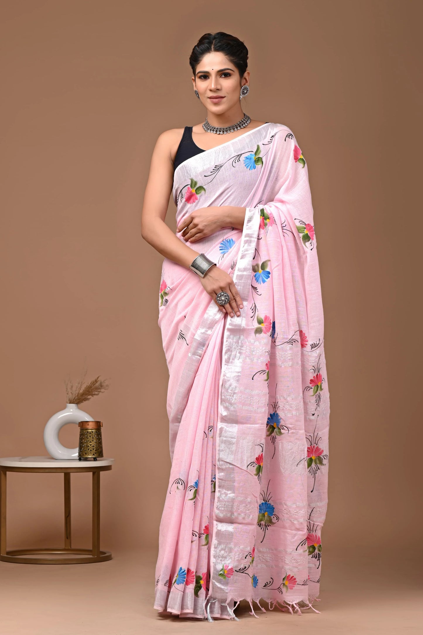 Linen Cotton Hand-Block Printed Saree