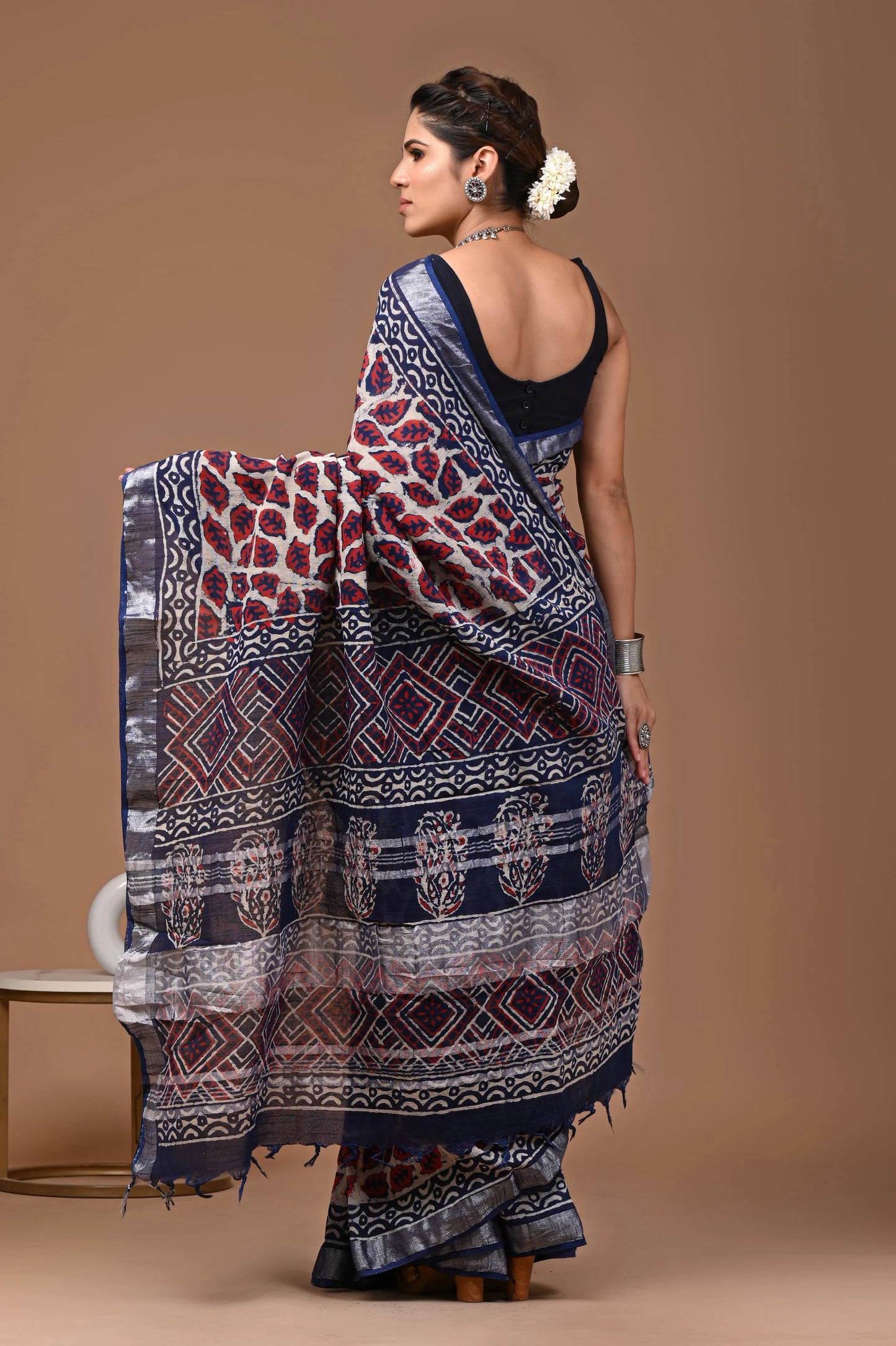 Linen Cotton Hand-Block Printed Saree