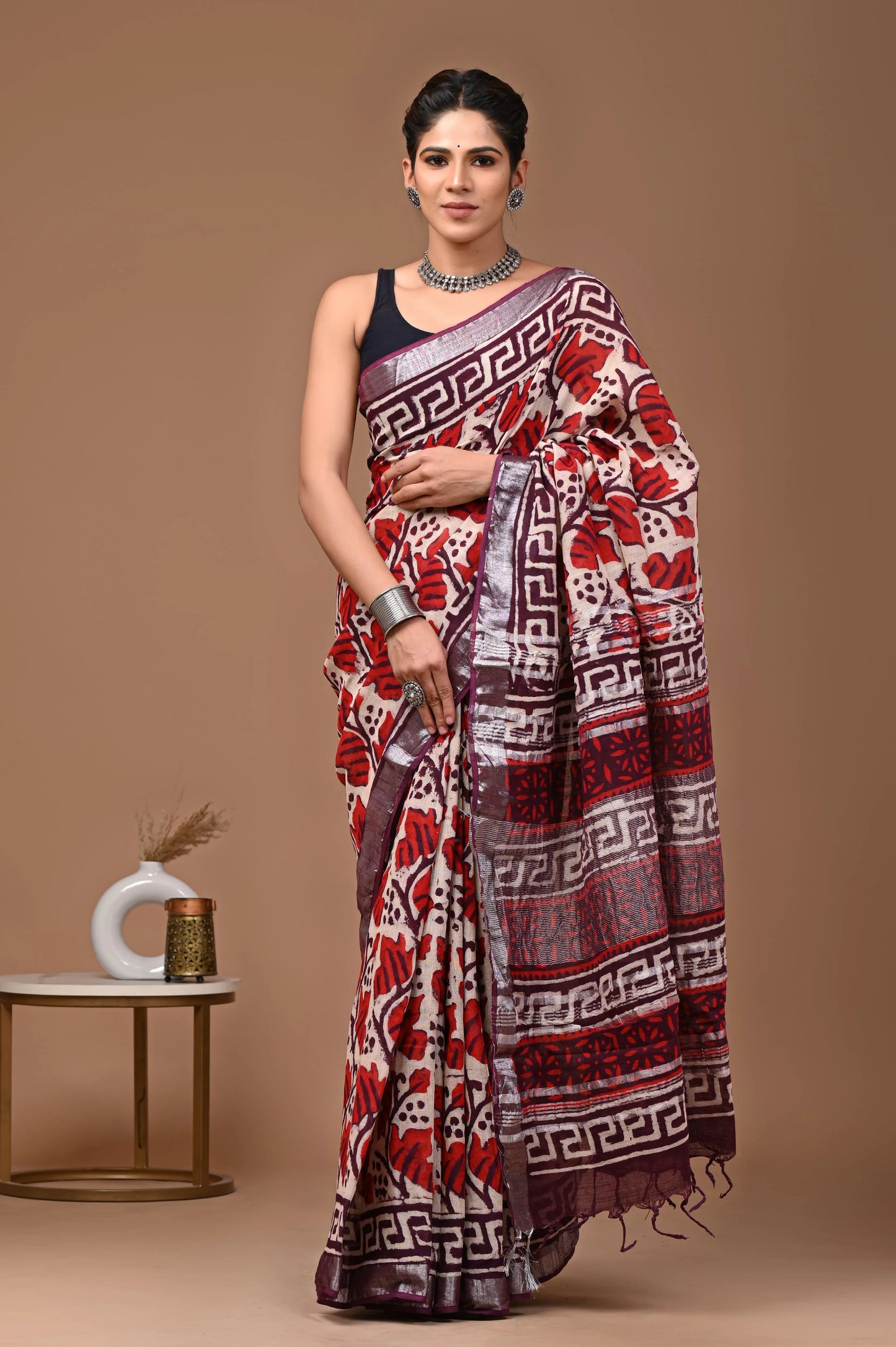 Linen Cotton Hand-Block Printed Saree