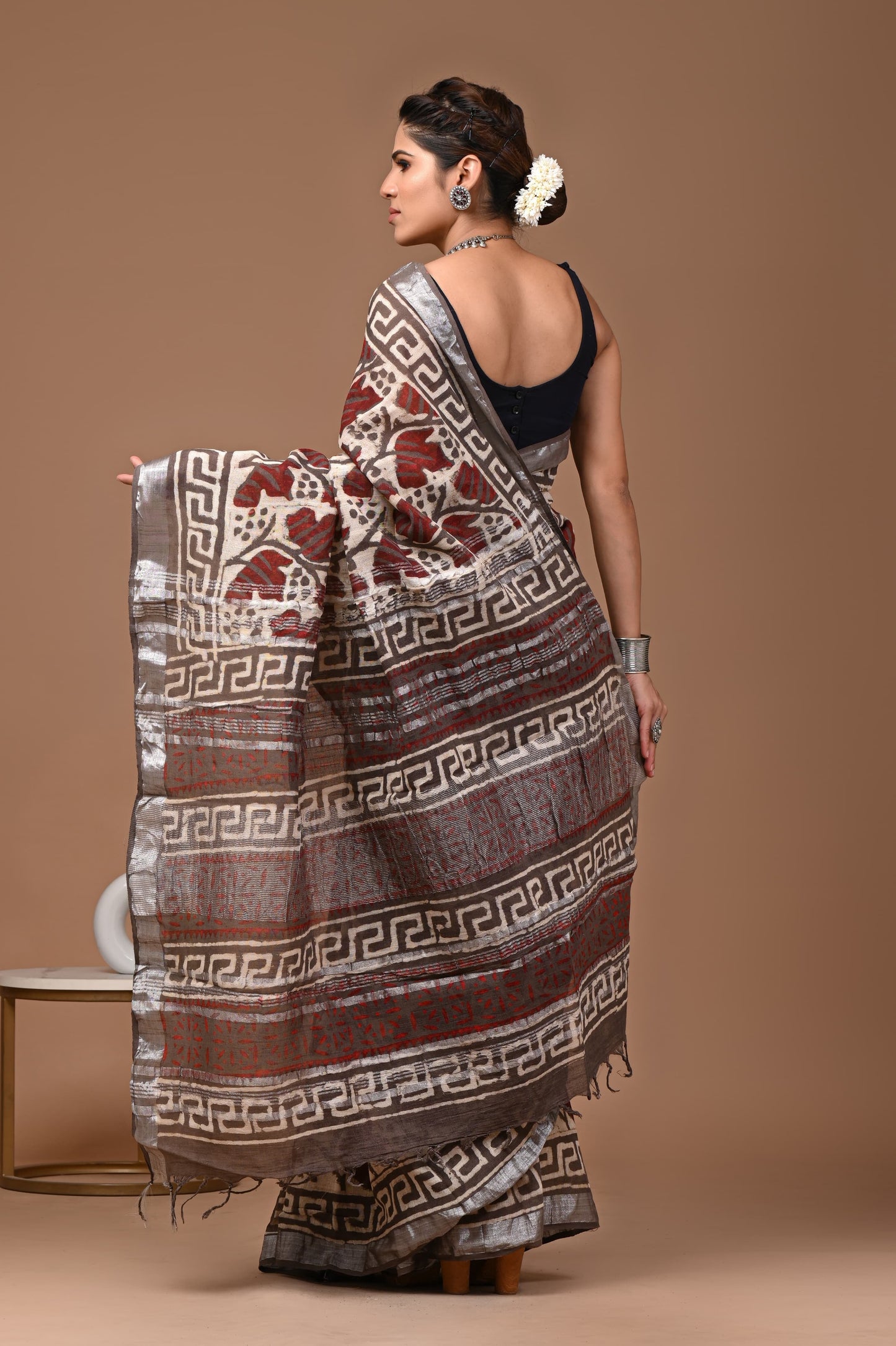 Linen Cotton Hand-Block Printed Saree