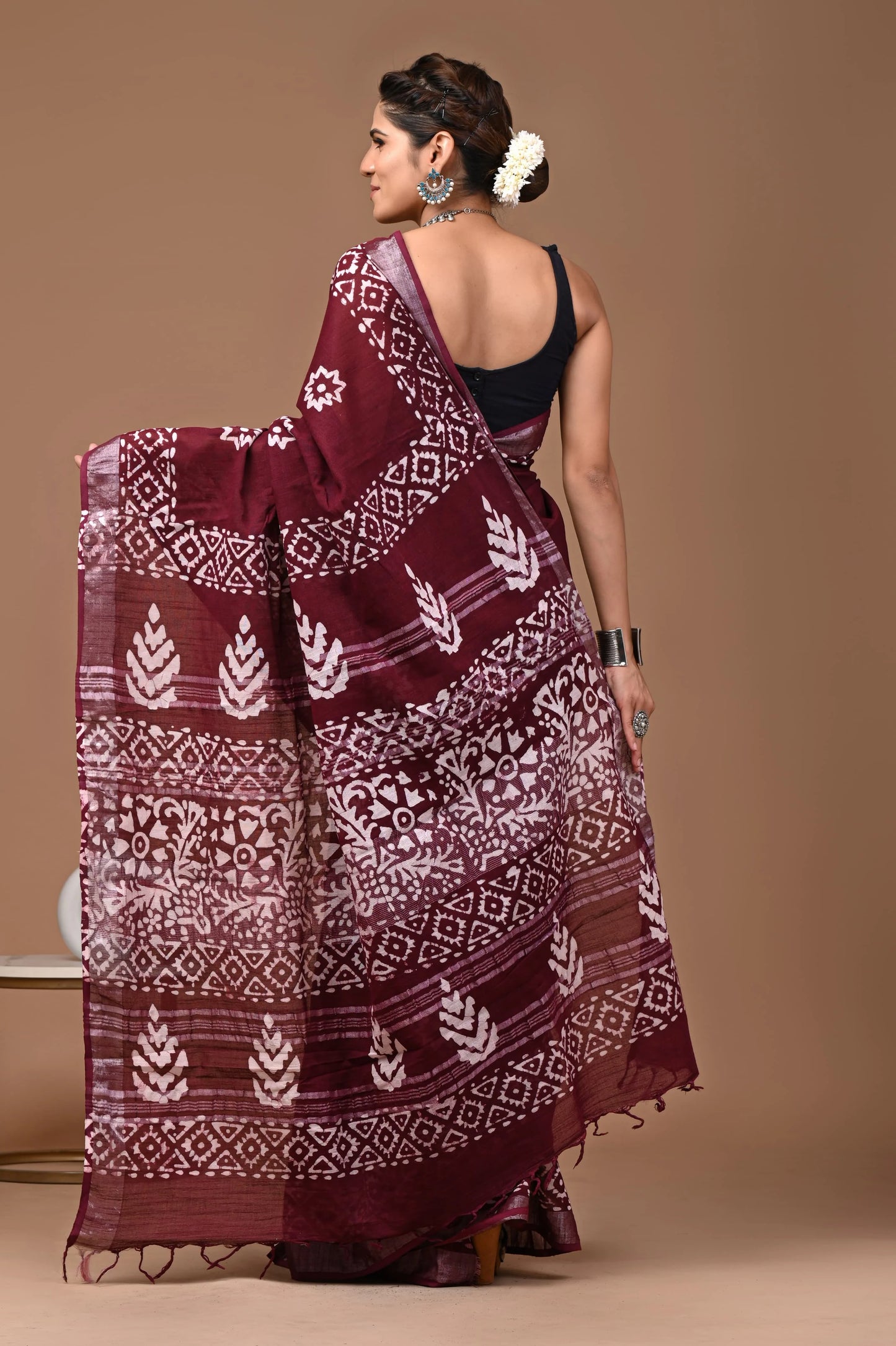 Linen Cotton Hand-Block Printed Saree