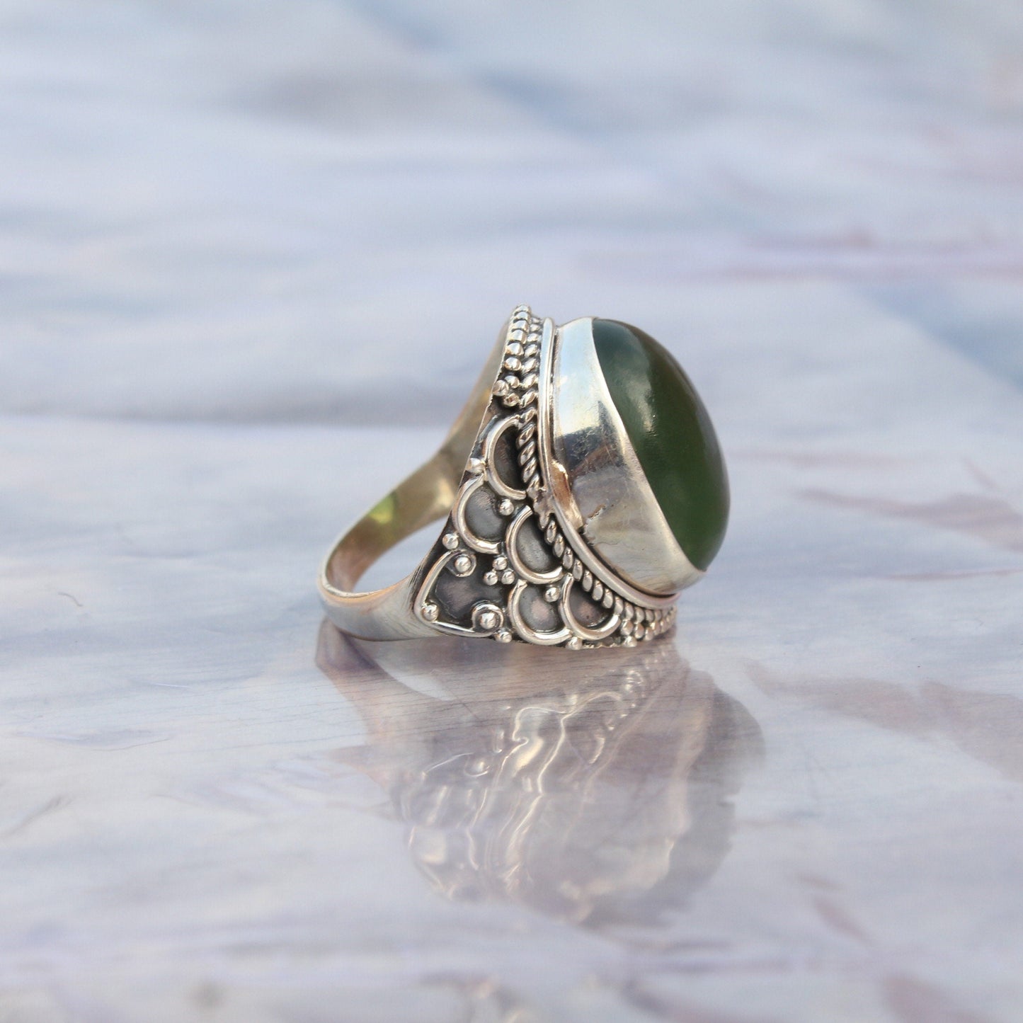 Boho Statement Ring - Green Jade Sterling Silver Ring - Hand Crafted Bohemian Ring-Bohemian Ring - Green Jade - Rings -Gift for