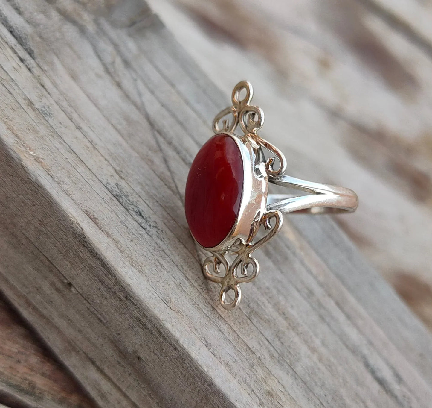 Boho Statement Ring - Red Jade Sterling Silver Ring - Hand Crafted Bohemian Ring-Bohemian Ring - Red Jade - Rings -Gift for