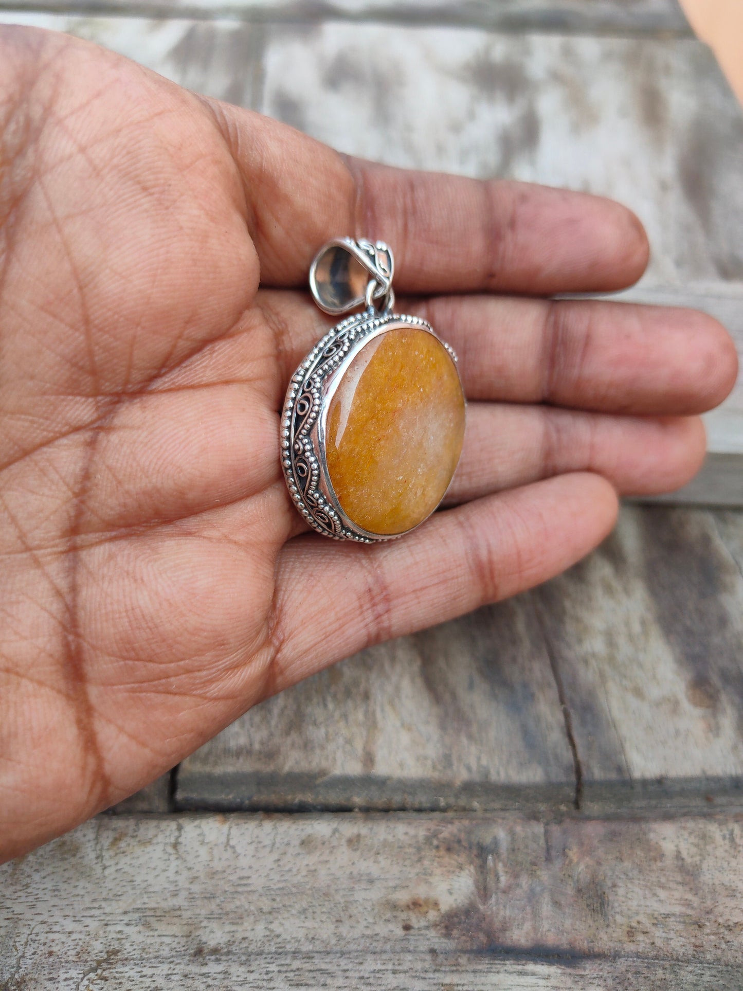 Handmade Yellow Lace Agate Pendant of Solid 925 Sterling Silver, Beautiful Agate Pendant in Round Shape, Boho Pendant Gift for her