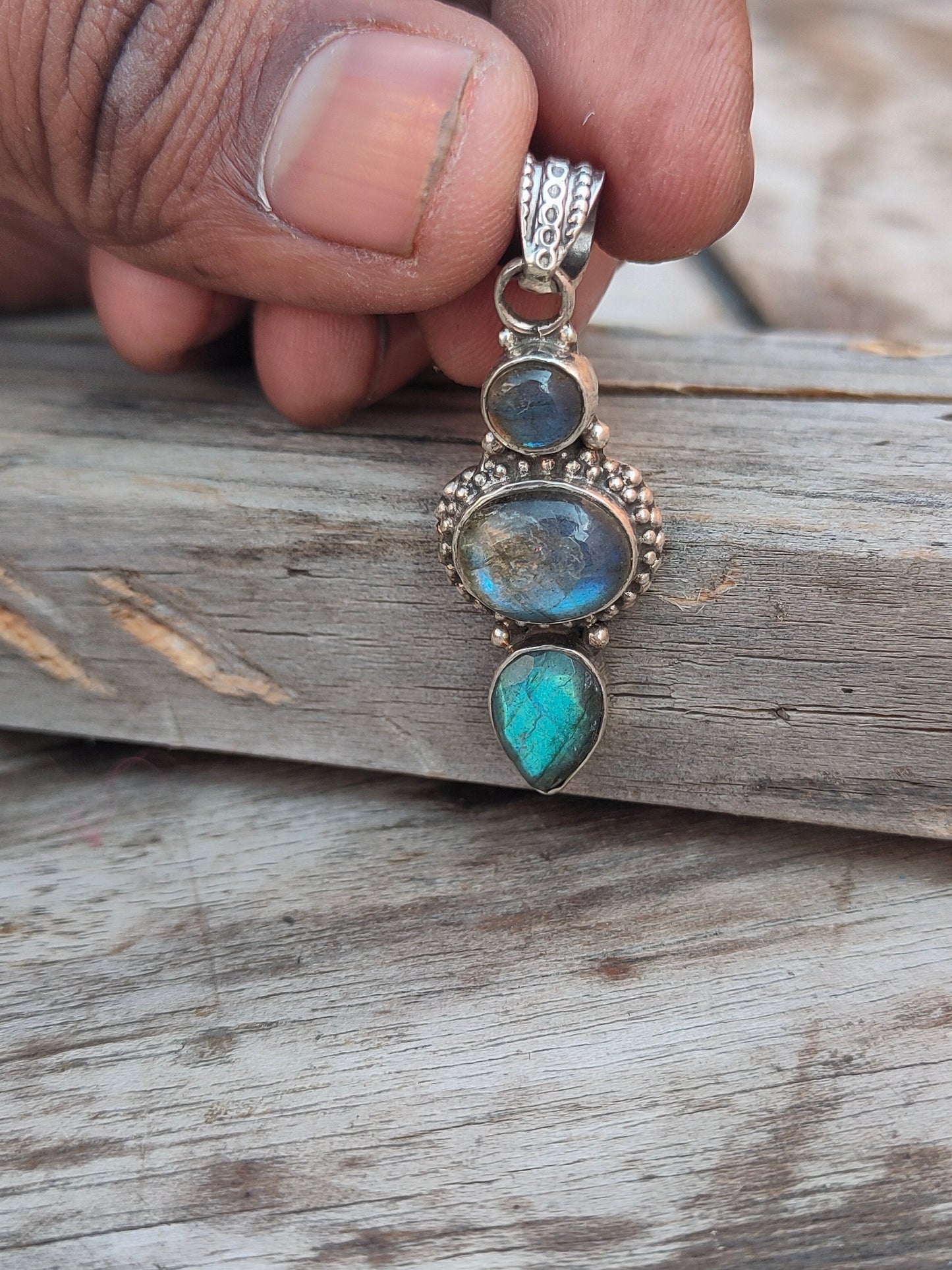Handmade Labradorite Triple Pendant of Solid 925 Sterling Silver, Beautiful Labradorite Pendant, Boho Pendant Gift for her