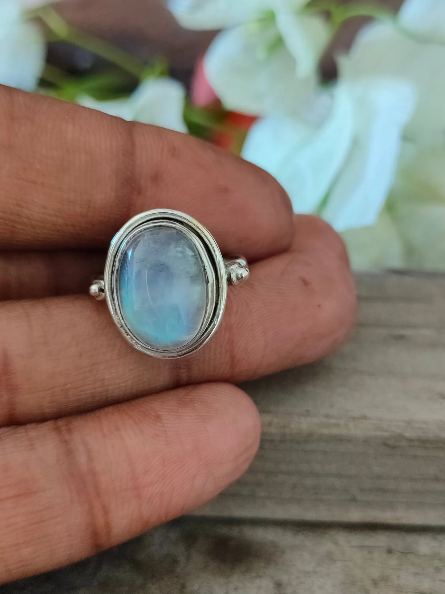 Boho Ring - Rainbow Moonstone Sterling Silver Ring - Hand Crafted Bohemian Ring-Bohemian Ring - Rainbow Moonstone - Rings -Gift for her
