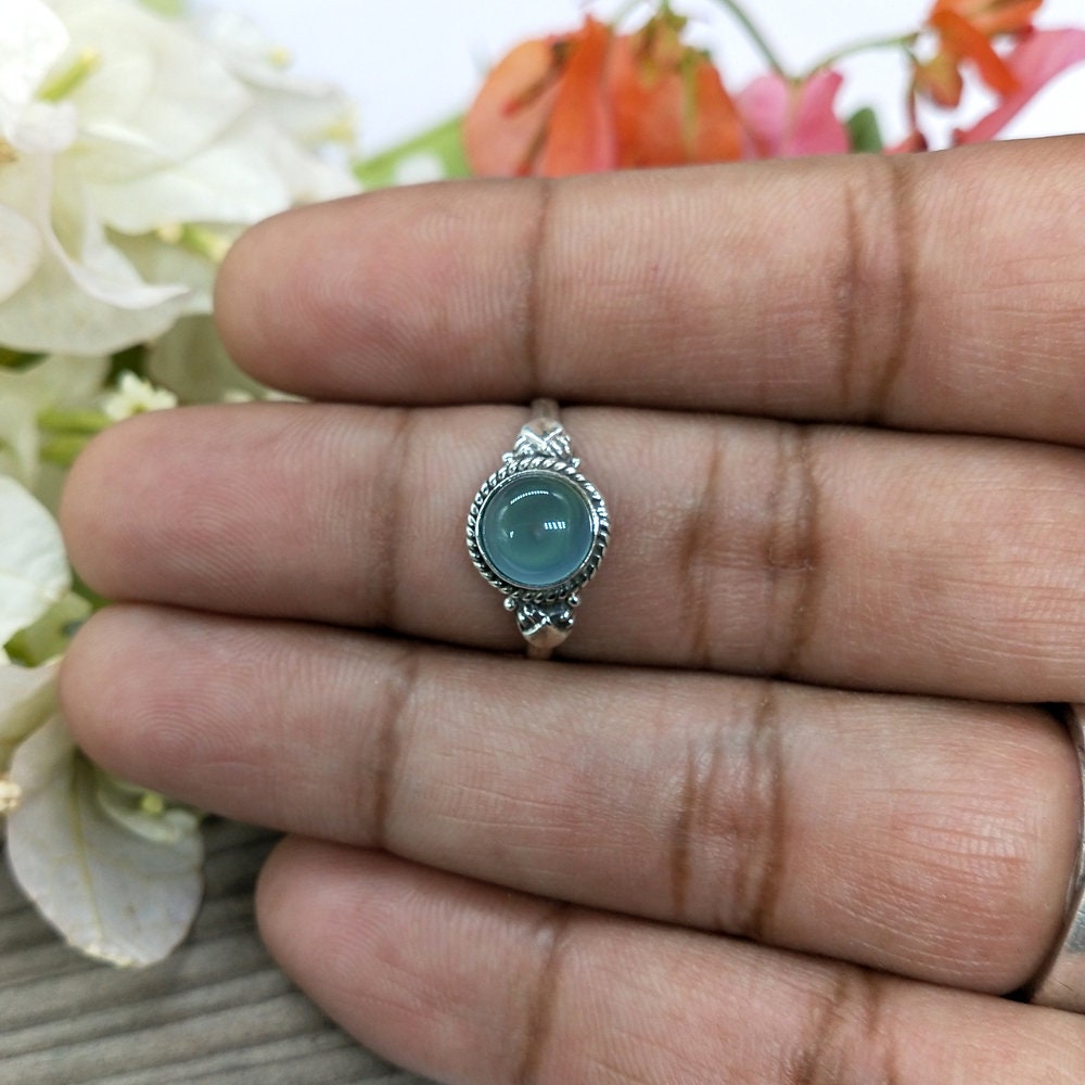 minimalist summer jewelry Aqua Blue Calcy Sterling Silver Ring - Hand Crafted Bohemian Ring-Bohemian Ring - Aqua Blue Calcy Rings -Gift for
