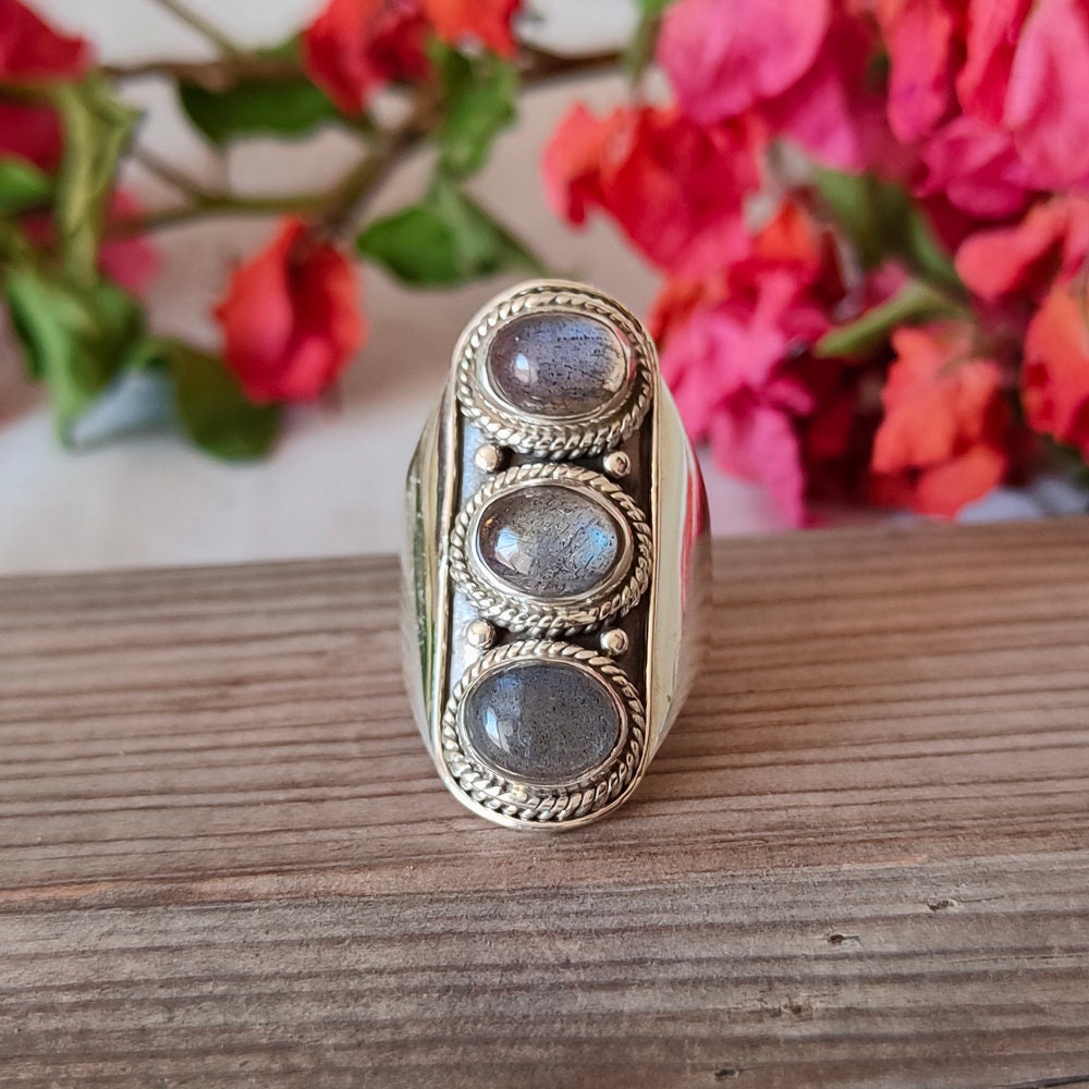 Labradorite Boho Ring,925 Sterling Silver Ring Labradorite 3 stone ring - Bohemian Ring, Labradorite ring- Rings - Gift for her , Rings