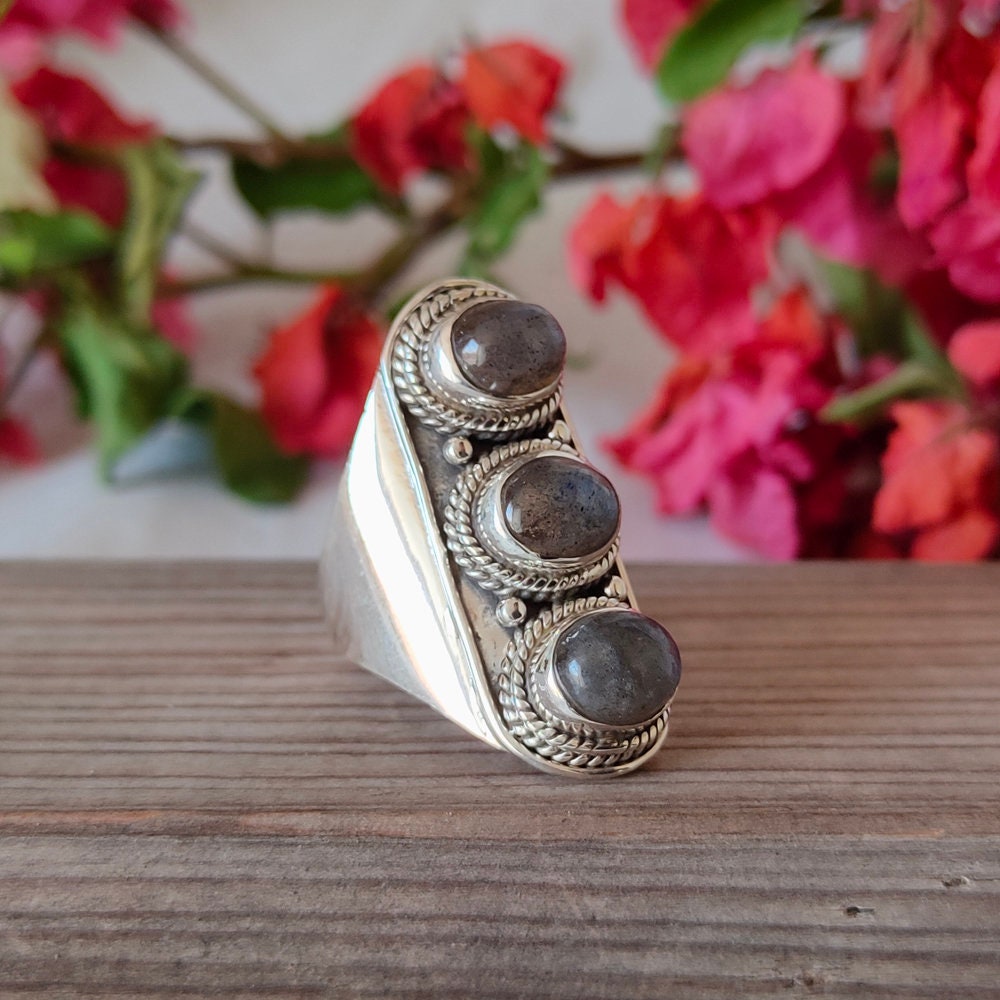 Labradorite Boho Ring,925 Sterling Silver Ring Labradorite 3 stone ring - Bohemian Ring, Labradorite ring- Rings - Gift for her , Rings