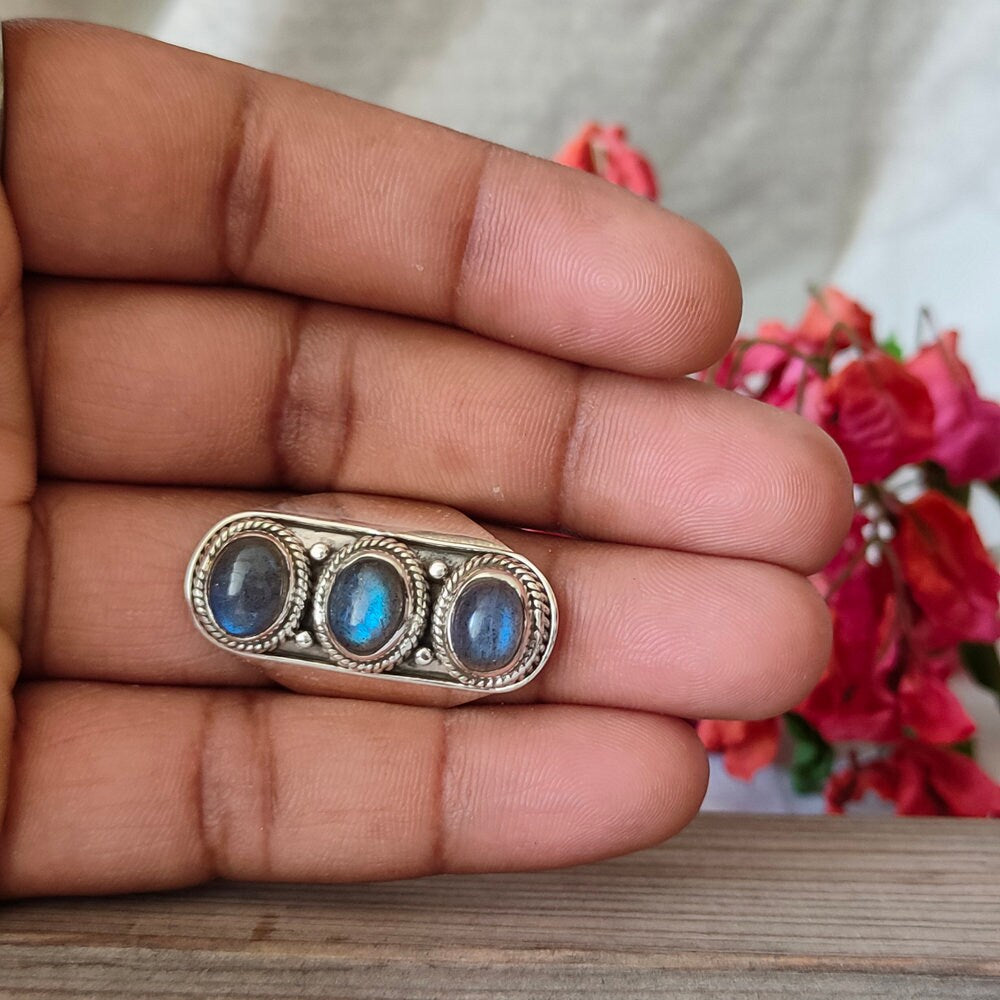 Labradorite Boho Ring,925 Sterling Silver Ring Labradorite 3 stone ring - Bohemian Ring, Labradorite ring- Rings - Gift for her , Rings
