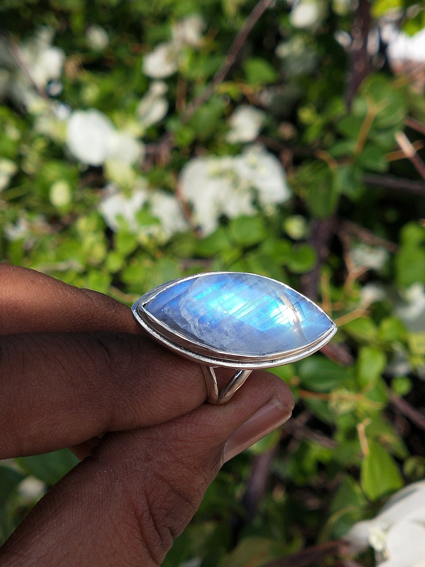 Moonstone Boho Ring - Rainbow Moonstone Sterling Silver Ring- Hand Crafted Bohemian Ring-Bohemian Ring-Marquise stone ring - Rings -Gift for