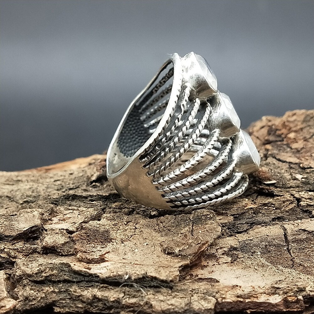 rainbow Moonstone Boho Ring,925 Sterling Silver Ring, Moonstone 3stone ring - Bohemian Ring, Moonstone ring- Rings - Gift for her , Rings