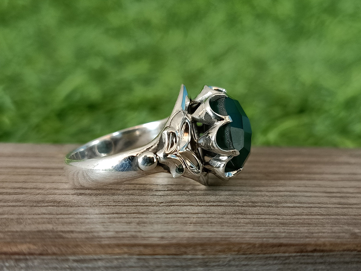 Boho Statement Ring - Green Onyx Sterling Silver Ring - Hand Crafted Bohemian Ring-Bohemian Ring - Green Onyx - Rings -Gift for