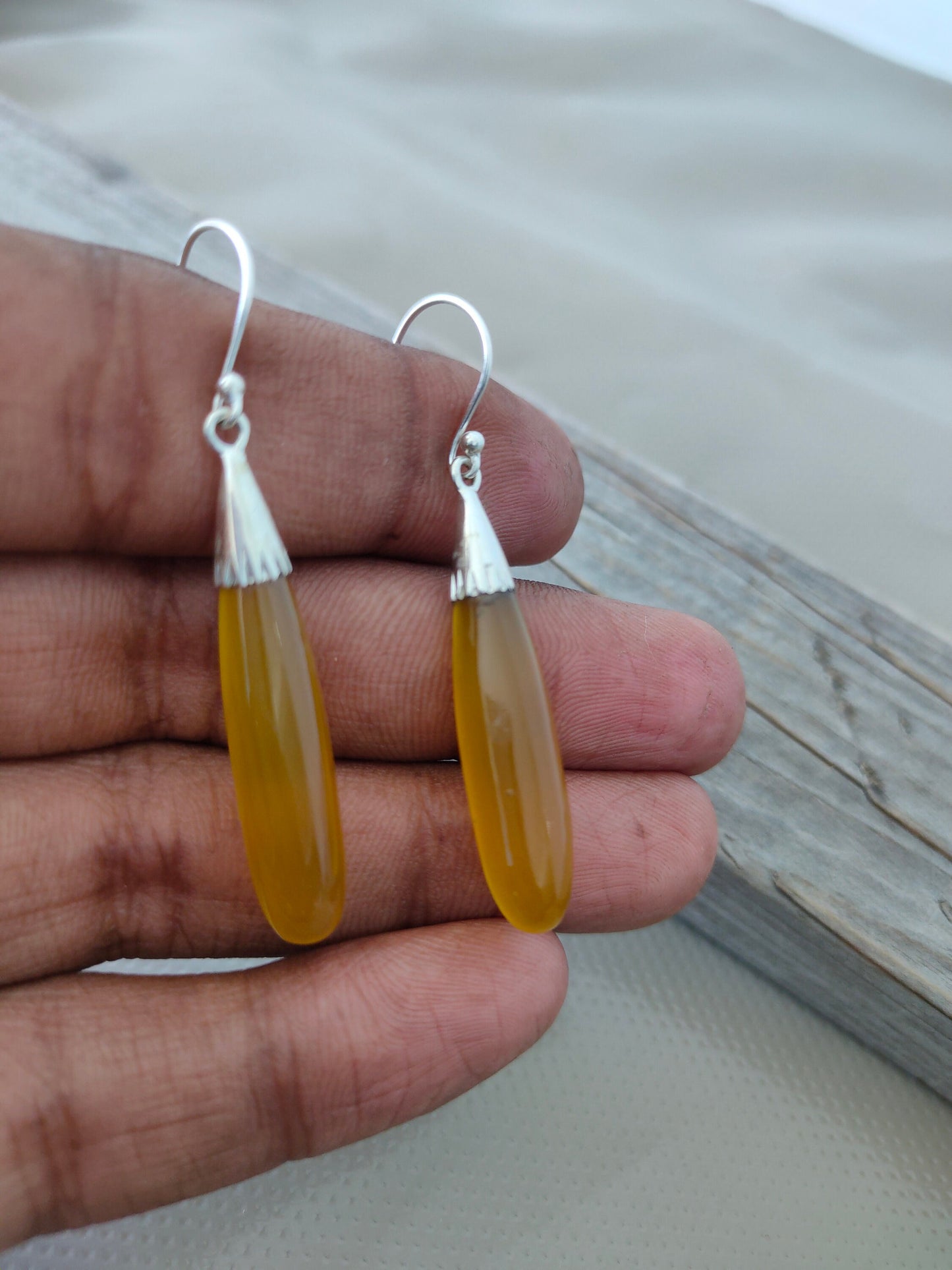 Yellow Calci 925 Sterling Silver - Handmade Earring -Yellow Calci Pear Shape Silver Earrings - Boho Earrings- Gift for Her- Unique Earring