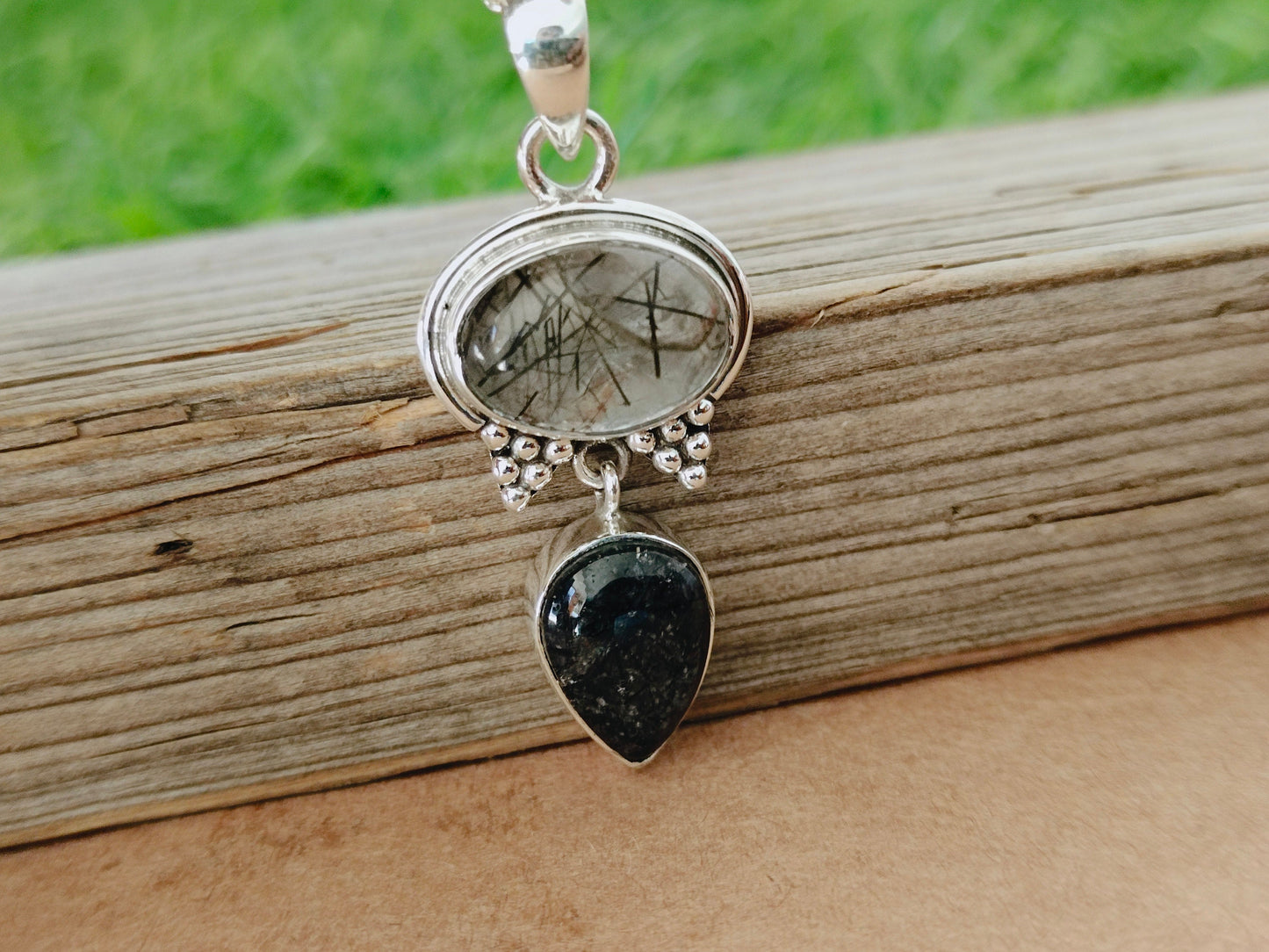 Pendentif en rutile noir en argent sterling 925 massif | Magnifique pendentif en rutile noir fait main | Pendentif bohème cadeau pour elle - Pendentif à deux formes