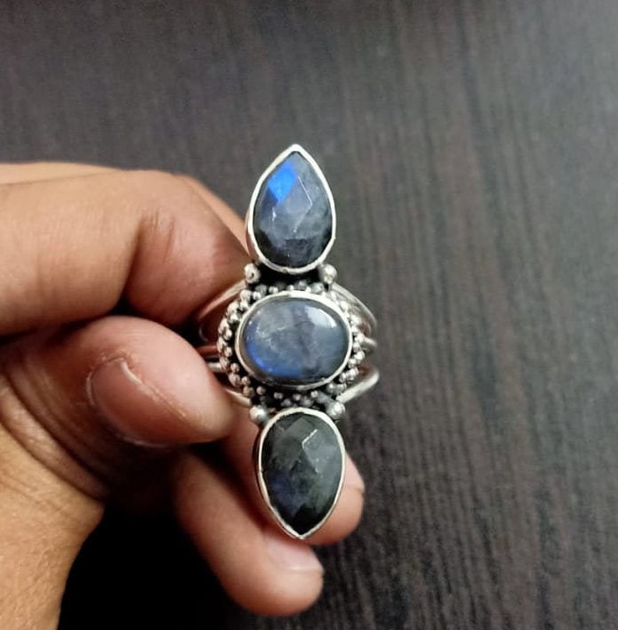 Labradorite Boho Ring,925 Sterling Silver Ring Labradorite 3 stone ring , big size ring , blue stone ring , jewelry silver ring,boho rings