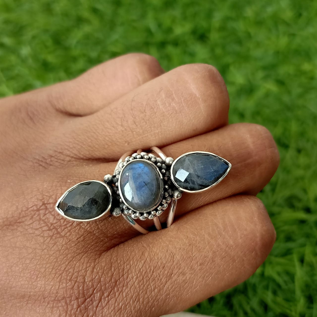 Labradorite Boho Ring,925 Sterling Silver Ring Labradorite 3 stone ring , big size ring , blue stone ring , jewelry silver ring,boho rings