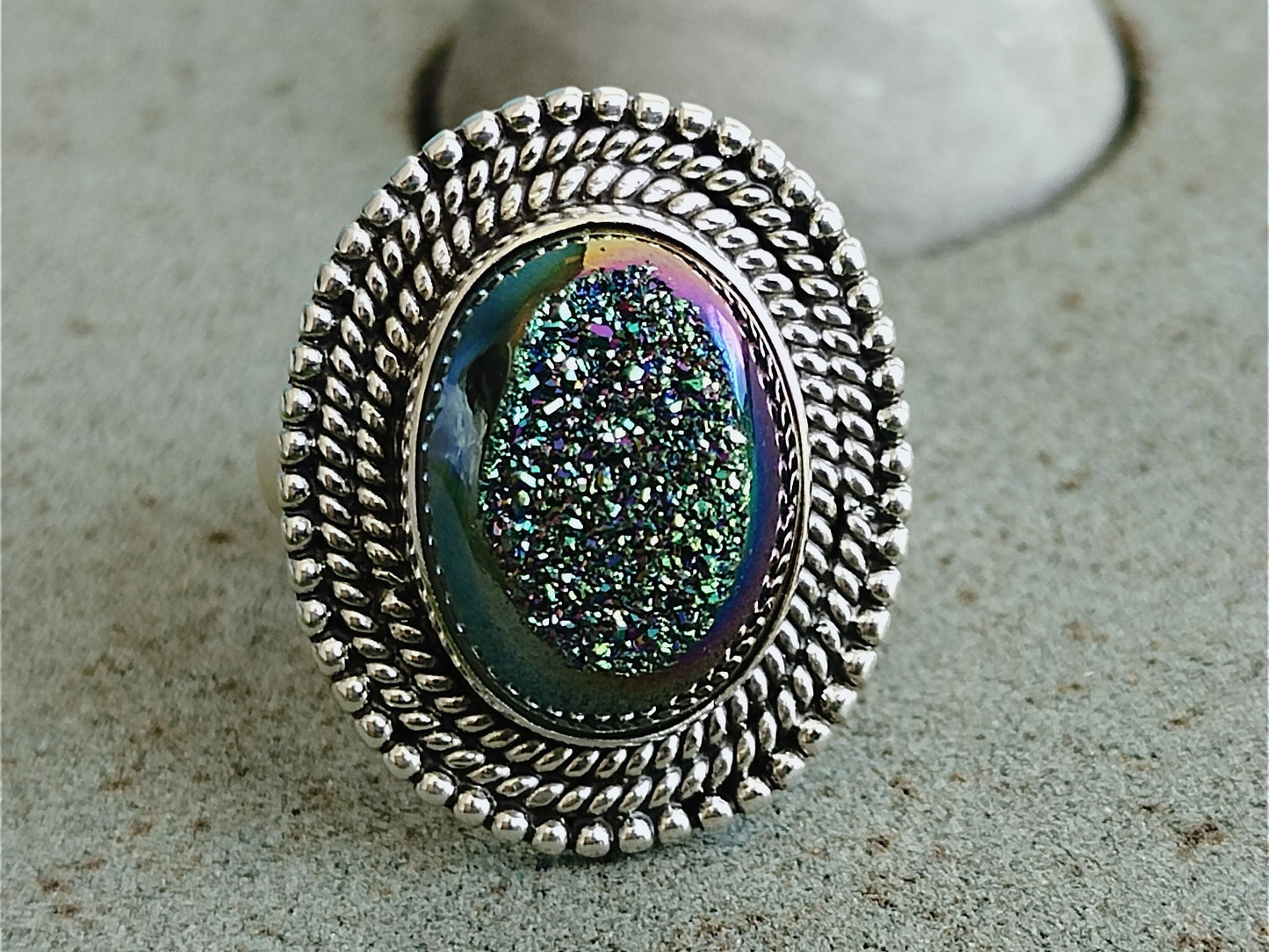 Silberner Druzy Sterling Silber Ring - Boho Statement Ring - Handgefertigter Bohemian Ring - Bohemian Ring - Druzy Ringe - Geschenk für sie - Blauer Ring