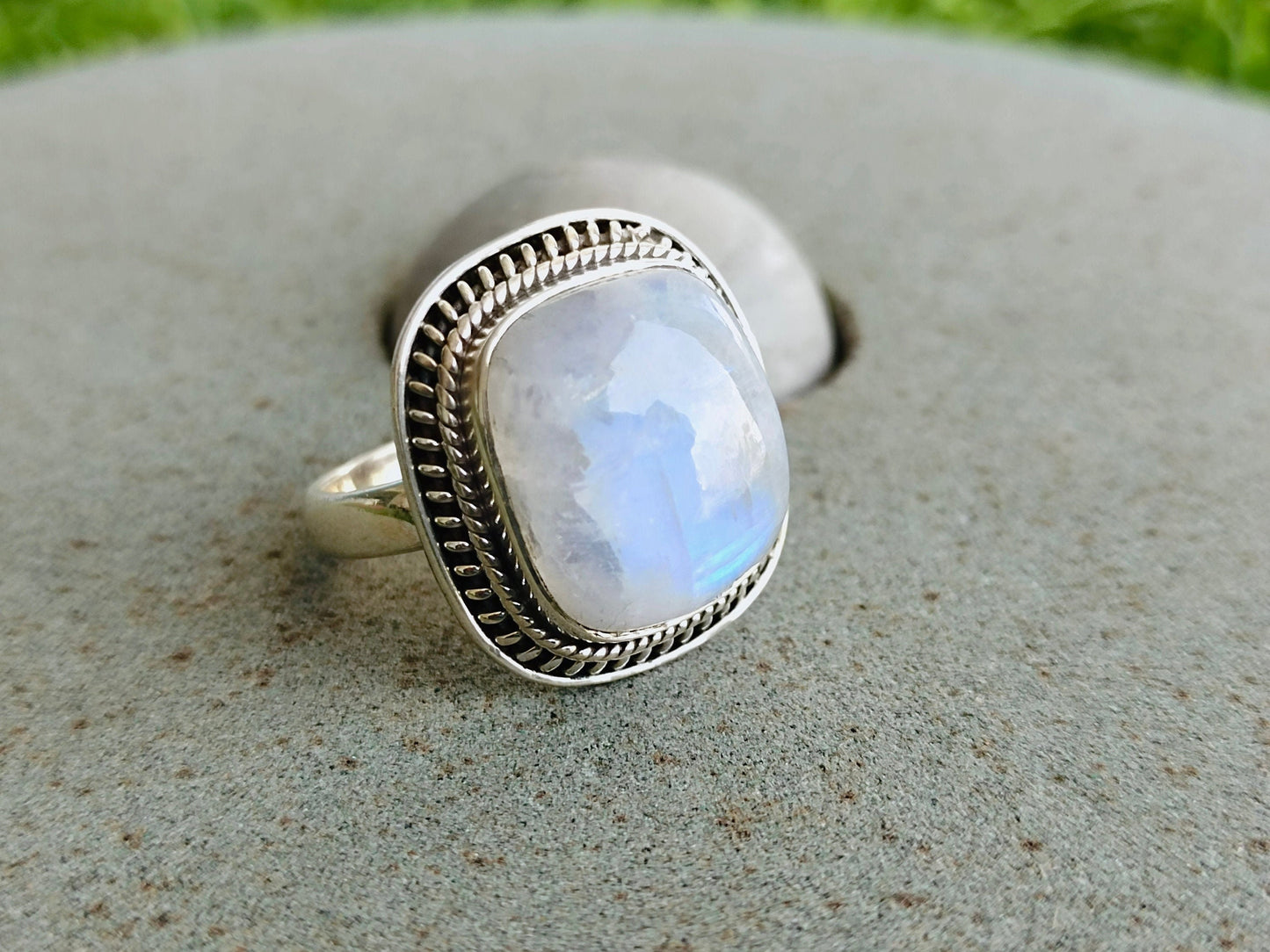 Moonstone Boho Ring - Rainbow Moonstone Sterling Silver Ring - Hand Crafted Bohemian Ring - Rainbow Moonstone- free shipping ring- Square