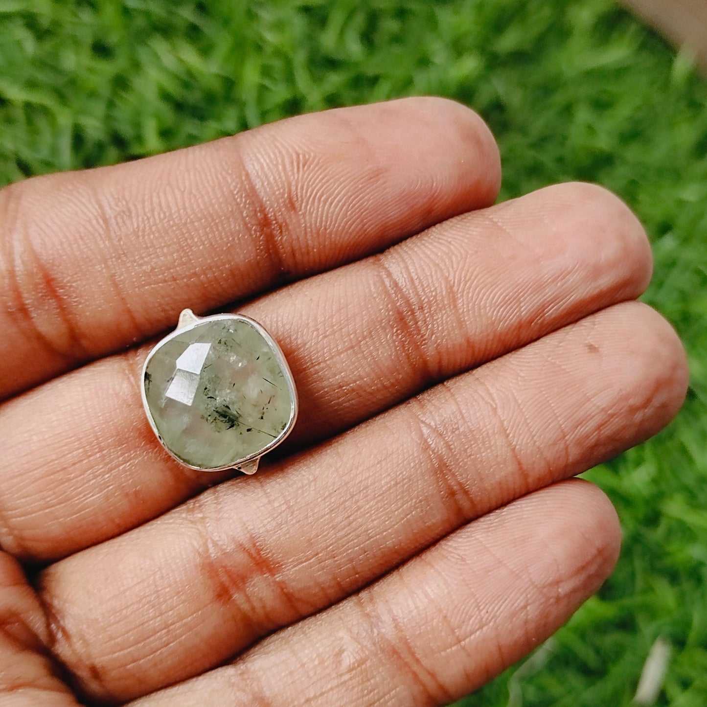 Boho Statement Ring - Prehnite Sterling Silver Ring - Hand Crafted Bohemian Ring-Bohemian Ring - Prehnite stone- Rings