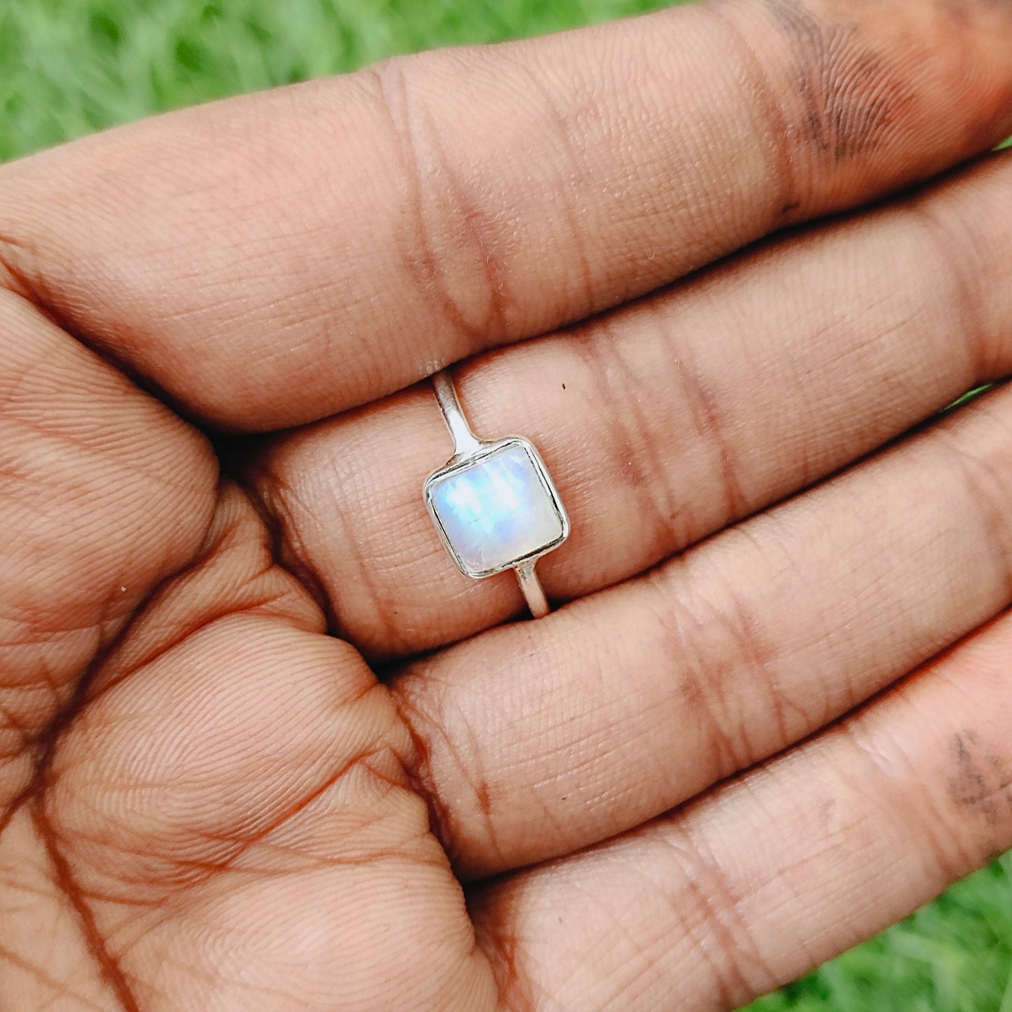 Moonstone Boho Statement Sterling Silver Ring - Fashion Ring - Beautiful Blue Flash Ring - Rainbow Ring - Bezel Silver Jewelry