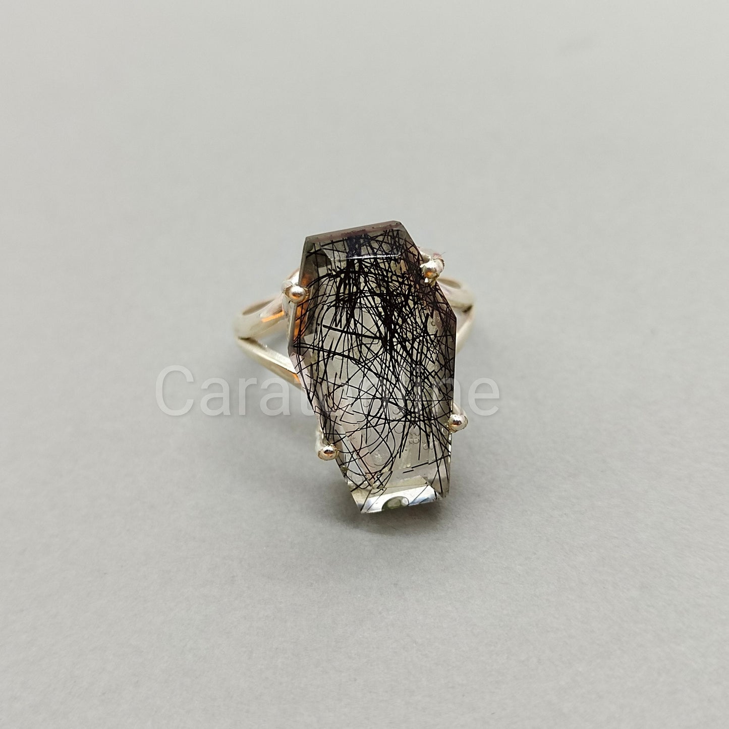 Glass Black Rutile coffin ring - Glass stone- Hand Crafted Coffin Shape Ring -Bohemian Black Rutile Ring- Rings -Gift for her