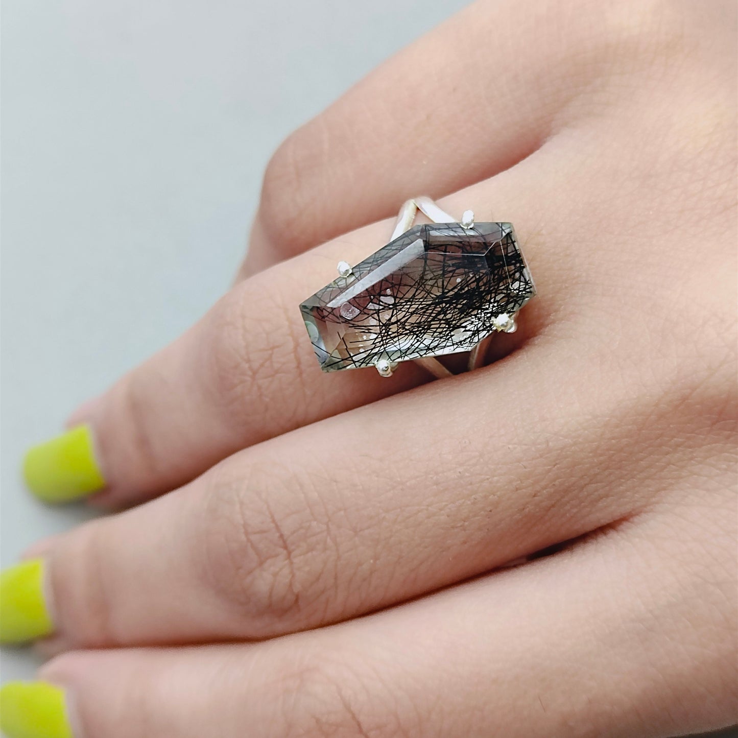 Glass Black Rutile coffin ring - Glass stone- Hand Crafted Coffin Shape Ring -Bohemian Black Rutile Ring- Rings -Gift for her