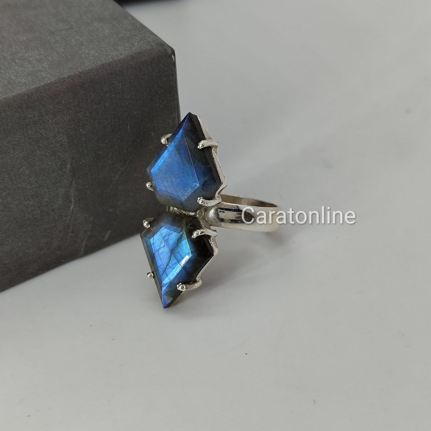 Bague double pierre labradorite - Bague en argent sterling 925 - Bague double pierre précieuse - Bague bohème fabriquée à la main - Pierre précieuse labradorite