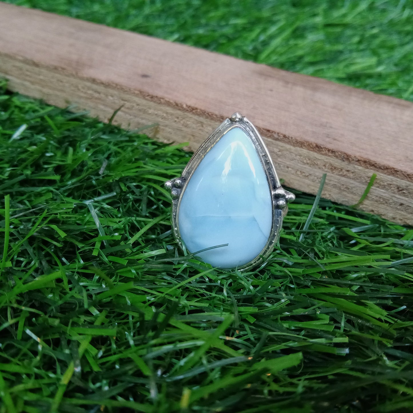 Bague en pierre naturelle de qualité supérieure Larimar - Bague en cabochon de feu - Bague en argent sterling 925 - Bague en forme de grosse poire - Alliances - Bagues en argent