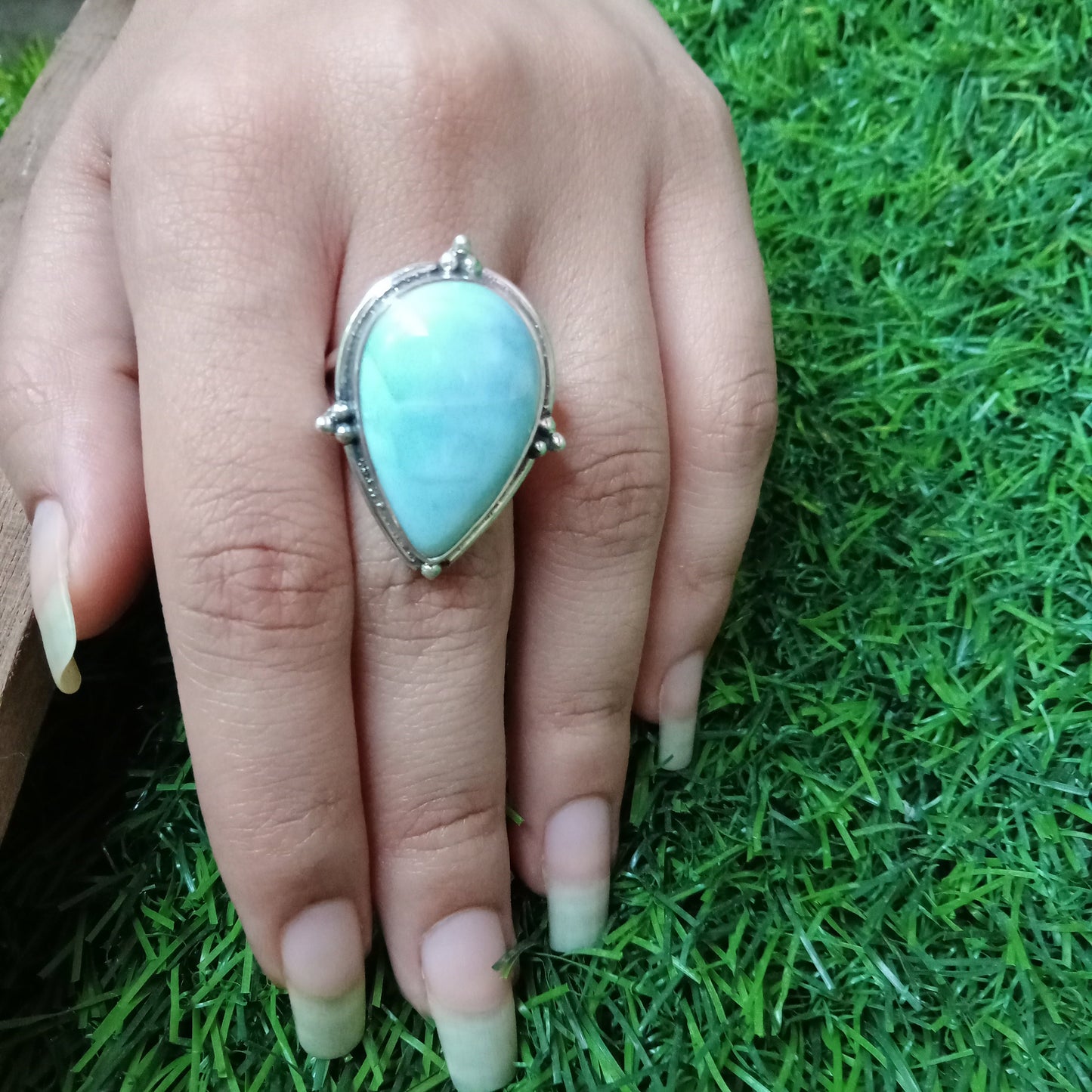 Bague en pierre naturelle de qualité supérieure Larimar - Bague en cabochon de feu - Bague en argent sterling 925 - Bague en forme de grosse poire - Alliances - Bagues en argent