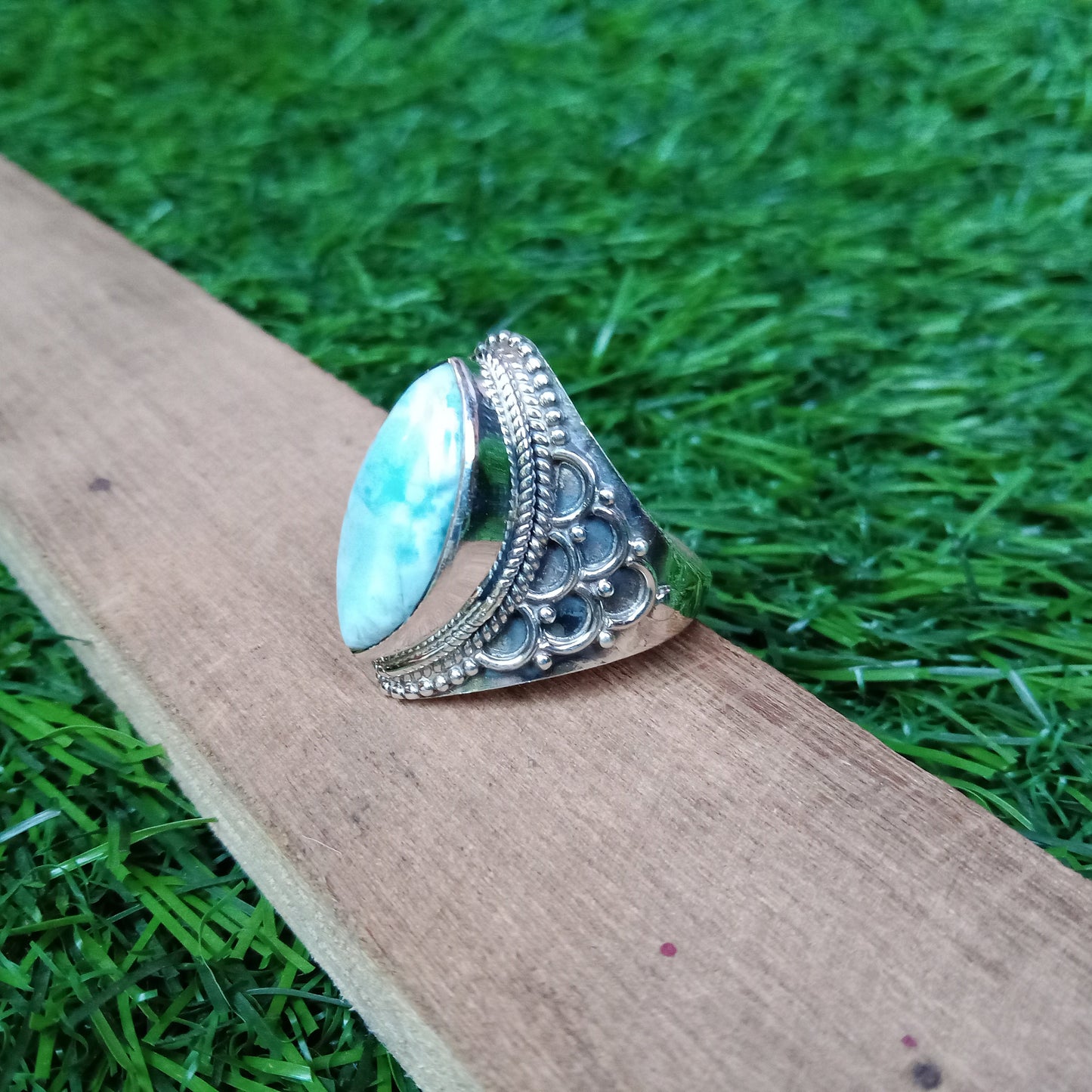 Larimar 925 Sterling Silver Ring - Boho Statement Ring - Hand Crafted Bohemian Ring- Larimar Gemstone Ring - Gift for Women- Free shipping