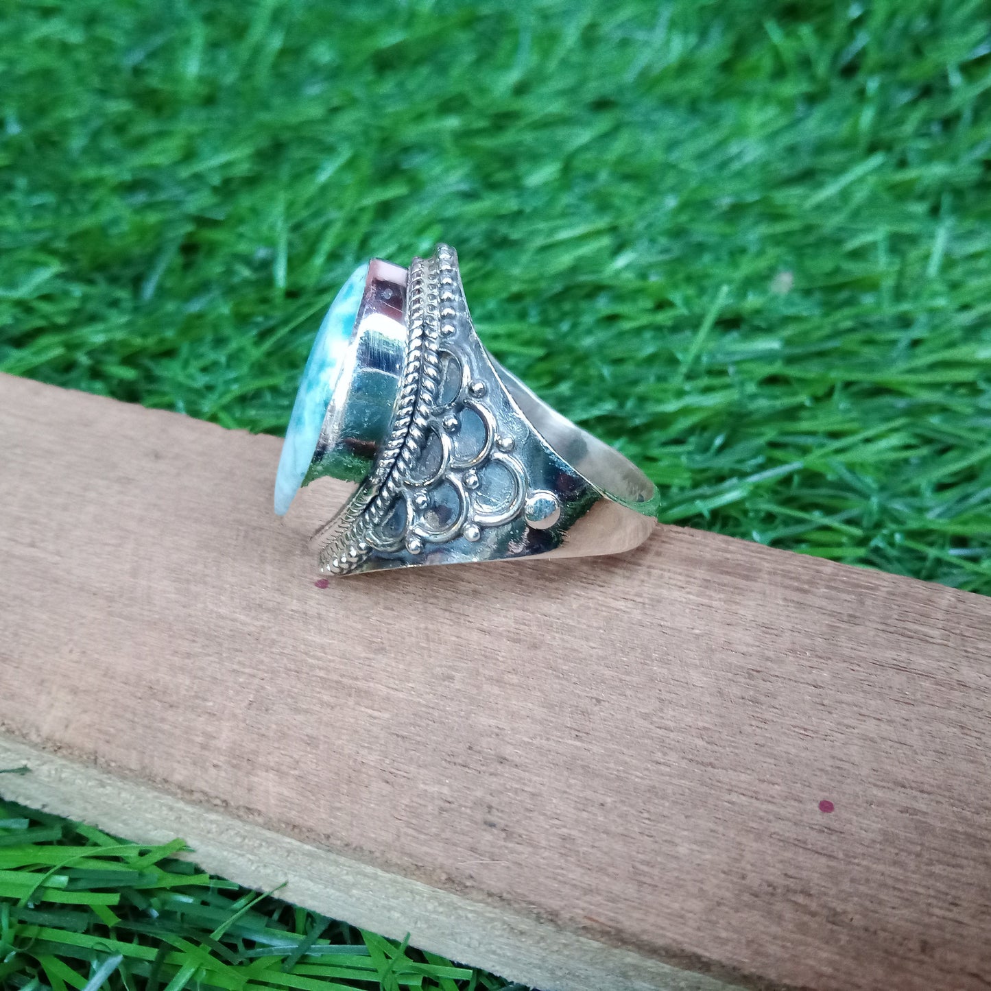 Larimar 925 Sterling Silver Ring - Boho Statement Ring - Hand Crafted Bohemian Ring- Larimar Gemstone Ring - Gift for Women- Free shipping
