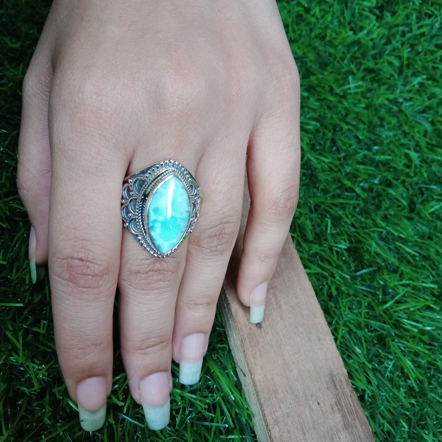 Larimar 925 Sterling Silver Ring - Boho Statement Ring - Hand Crafted Bohemian Ring- Larimar Gemstone Ring - Gift for Women- Free shipping