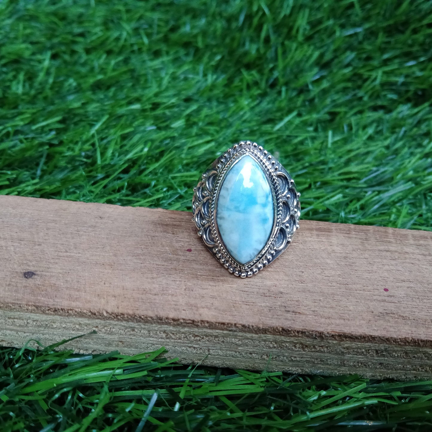Larimar 925 Sterling Silver Ring - Boho Statement Ring - Hand Crafted Bohemian Ring- Larimar Gemstone Ring - Gift for Women- Free shipping