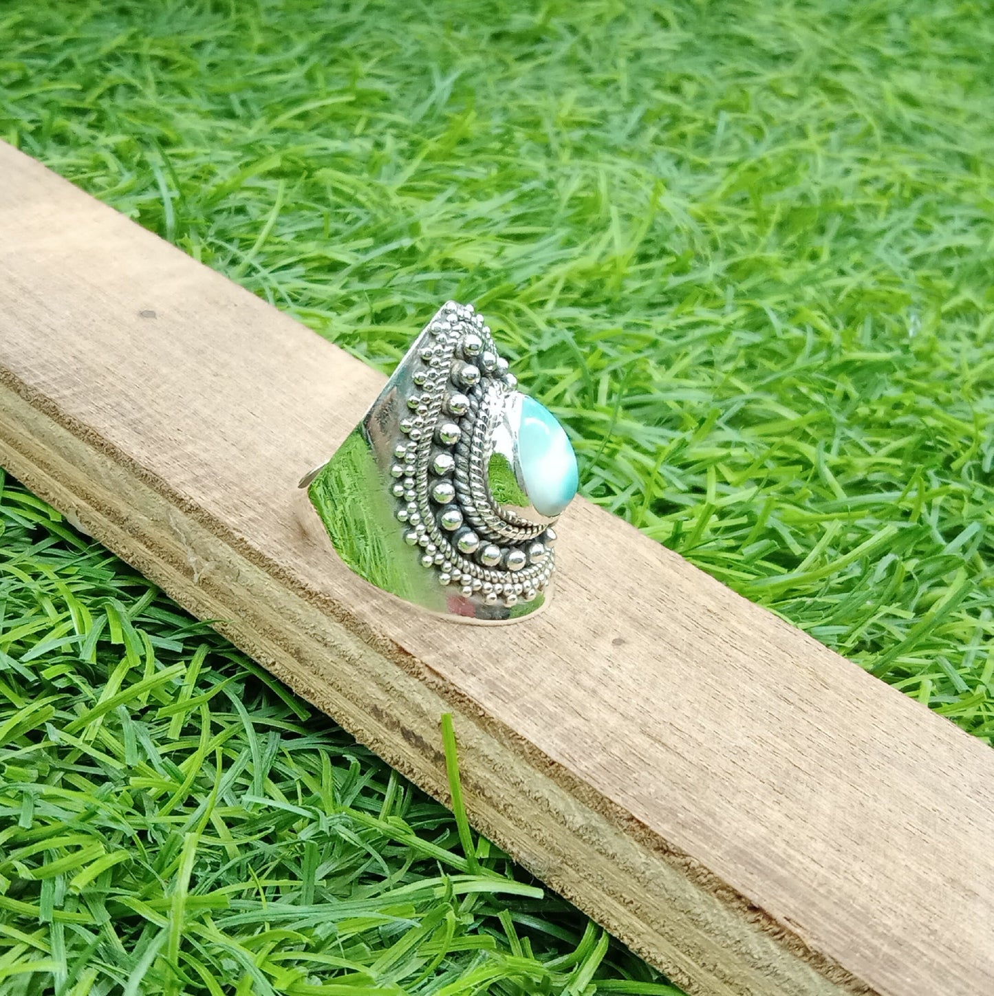 Larimar Natural Gemstone Ring -925 Sterling Silver Ring - Hand Crafted Bohemian Ring- Blue Larimar Ring- Rings - Gifts for her -Gifts