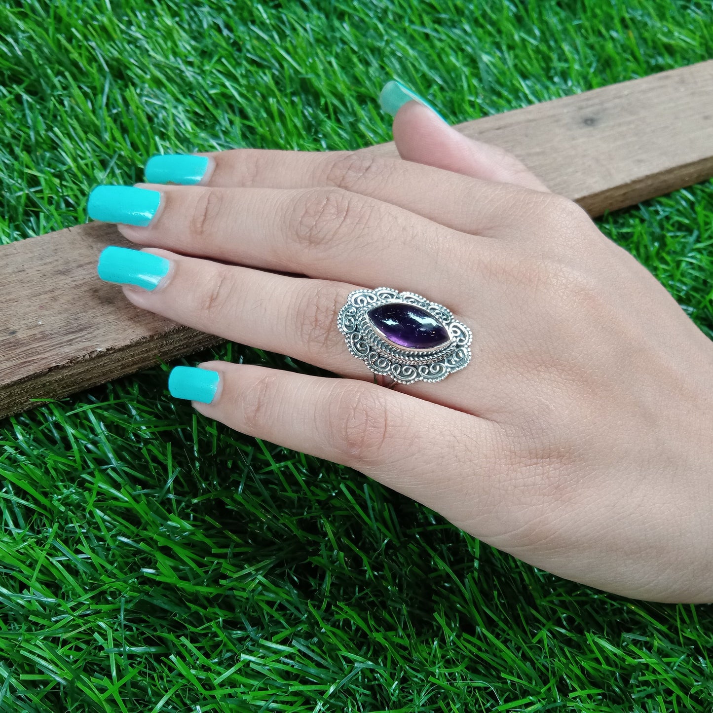 Boho Statement Ring - Natural Amethiyst Gemstone Ring- 925 Sterling Silver Ring - Hand Crafted Bohemian Ring-Bohemian Ring - Gift for her
