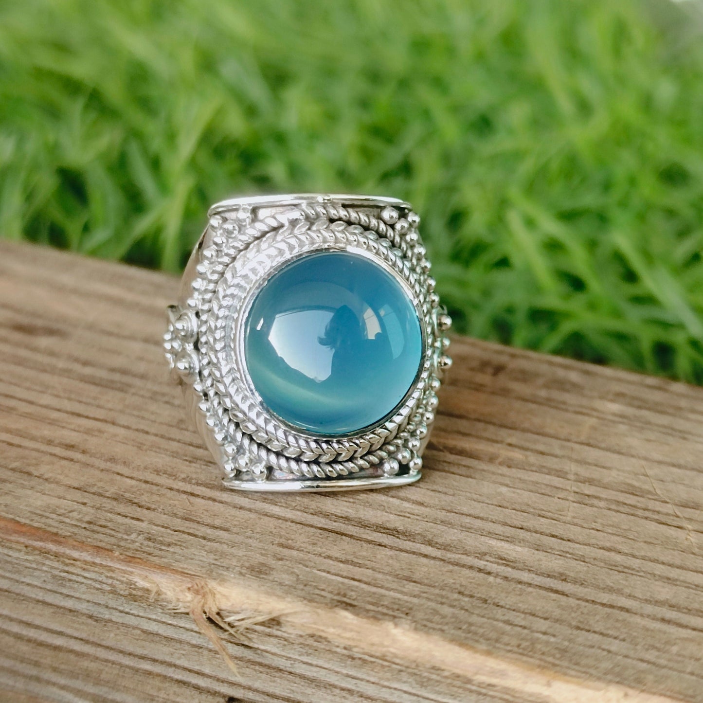 Boho Statement Ring - Aqua Blue Calci Sterling Silver Ring - Hand Crafted Bohemian Ring-Bohemian Ring - Aqua Blue Calci Rings -Gift for