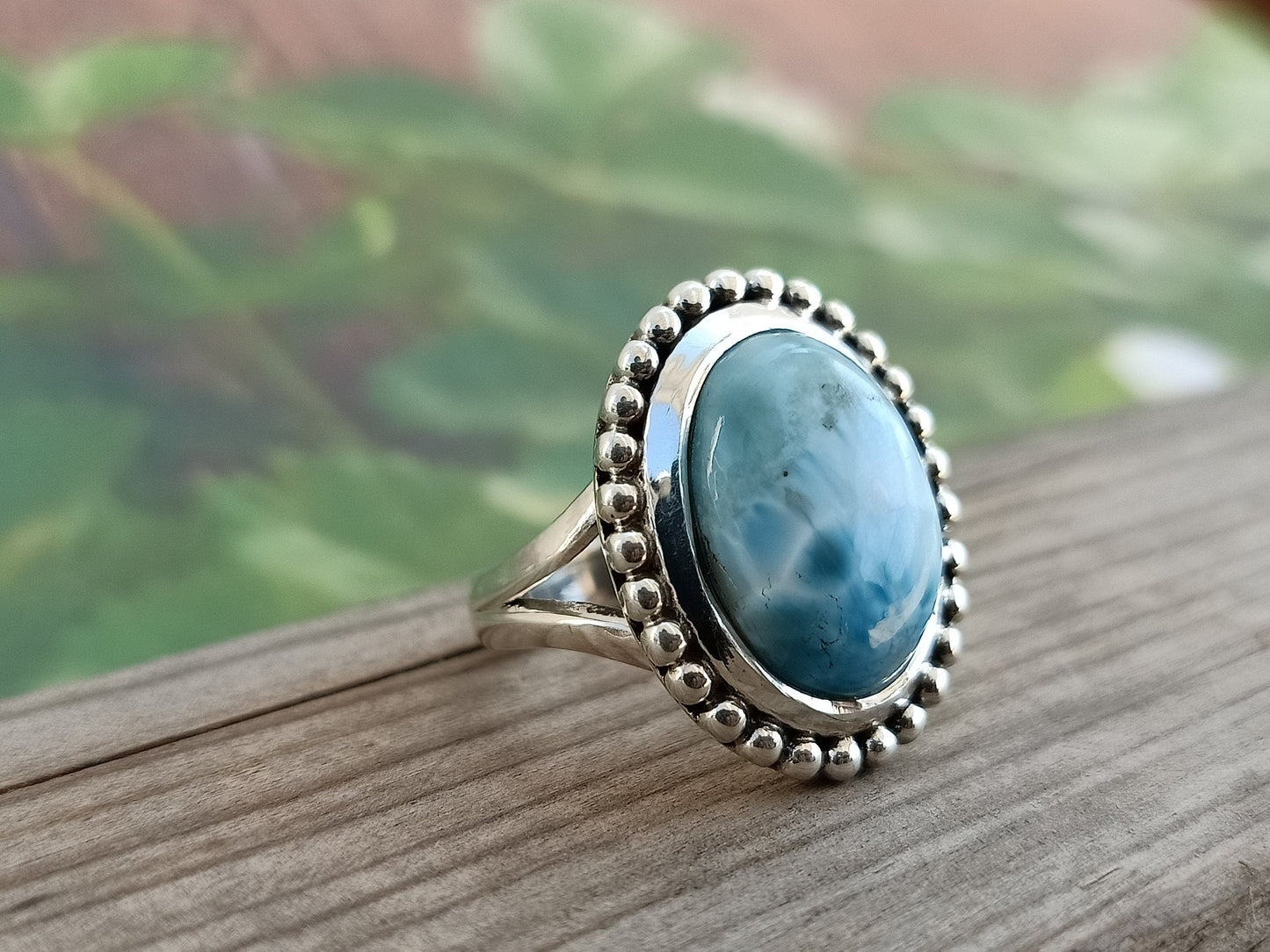 Natural Larimar top quality Stone ring - Cabochon ring - 925 sterling silver ring - Big pear shapering - wedding Rings - silver rings- gifts