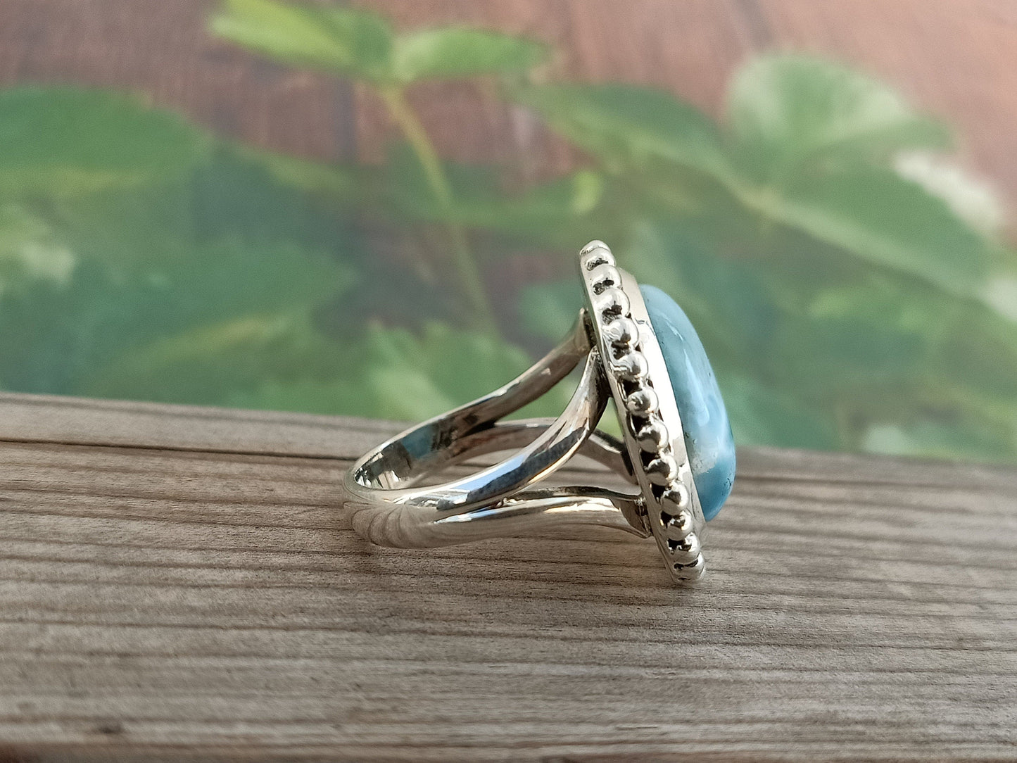 Natural Larimar top quality Stone ring - Cabochon ring - 925 sterling silver ring - Big pear shapering - wedding Rings - silver rings- gifts